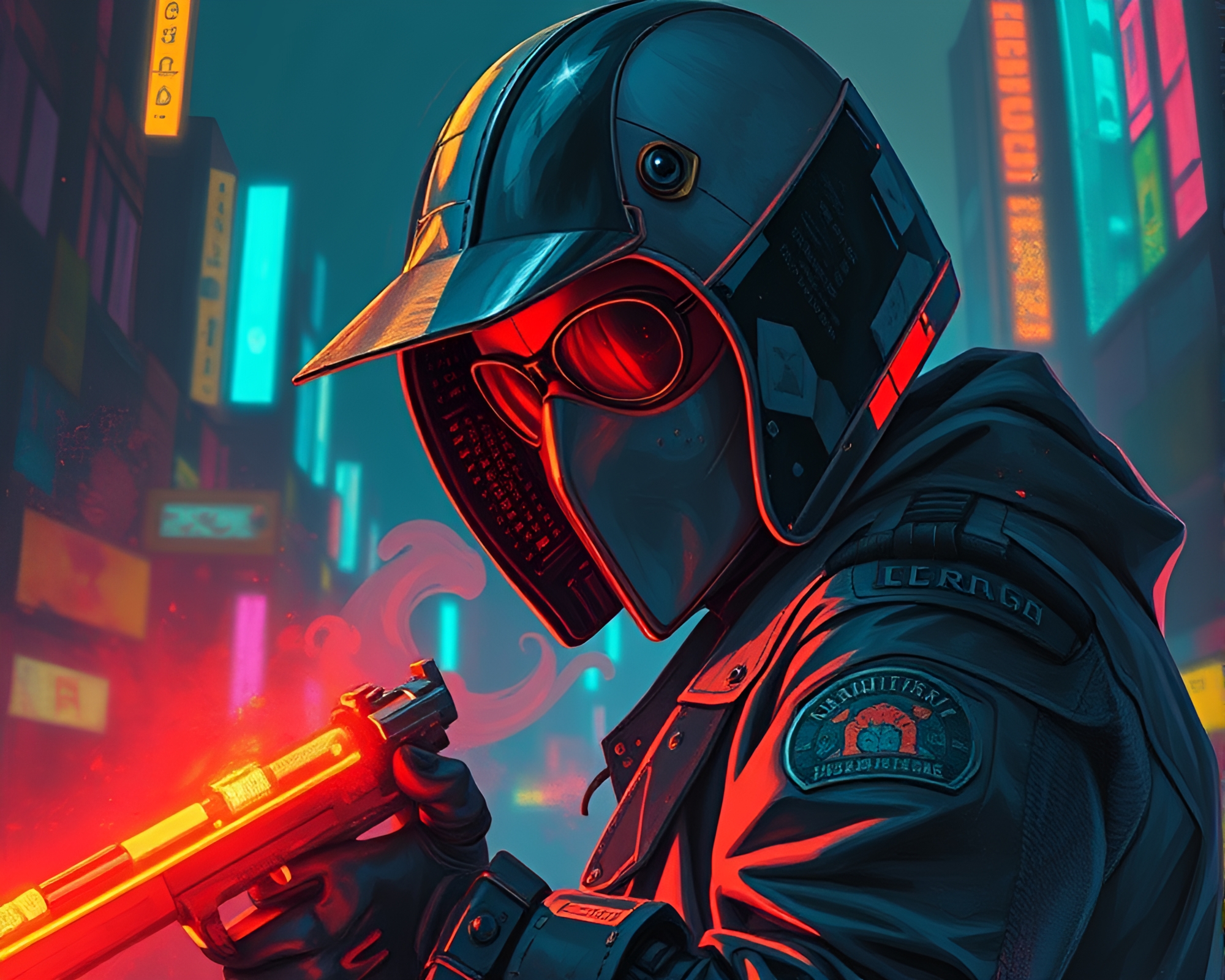 Cyberpunk Vigilante in Gouache Film Burn – free AI stock image