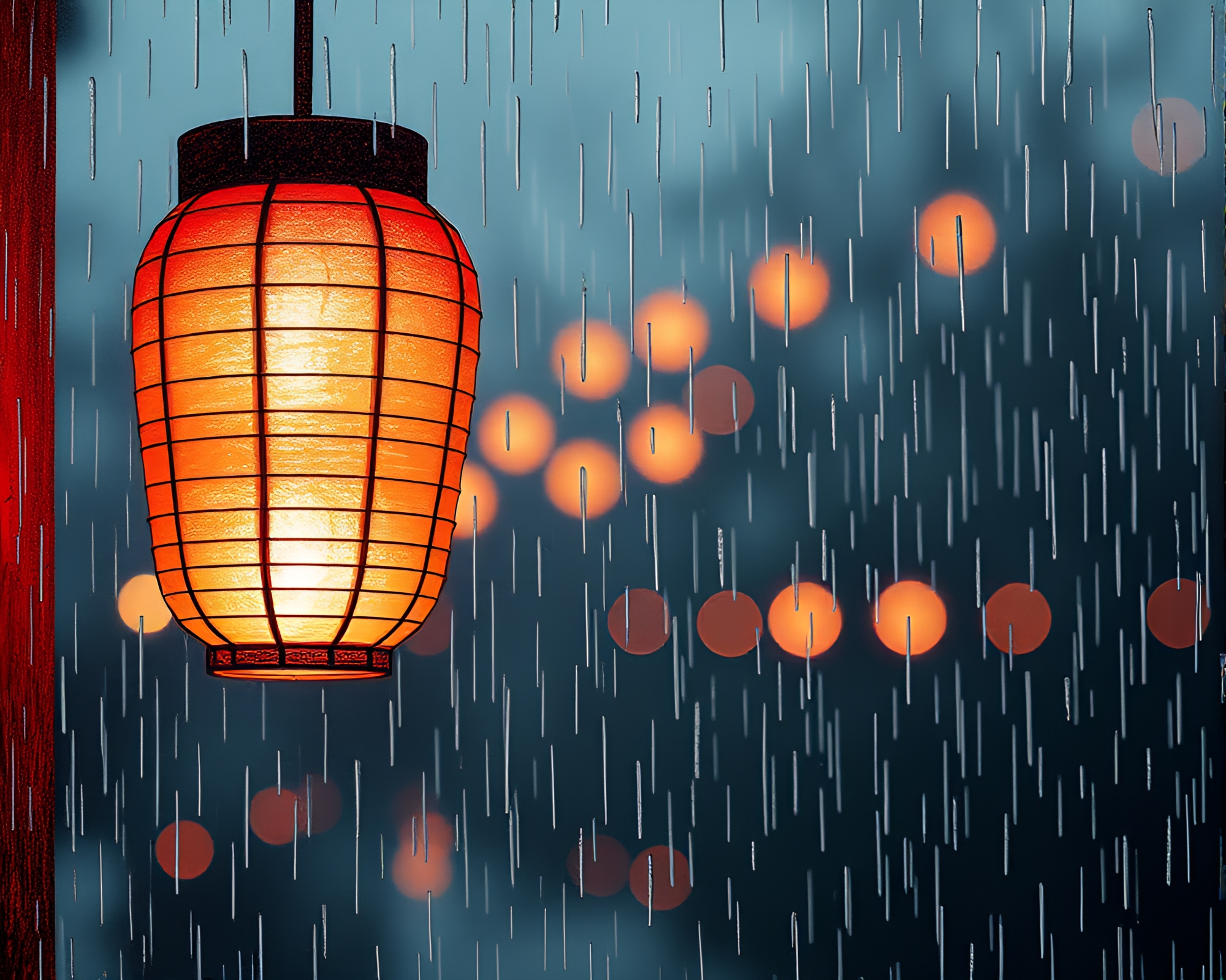 Etching Lines: Rainy Paper Lantern Reflections – free AI stock image