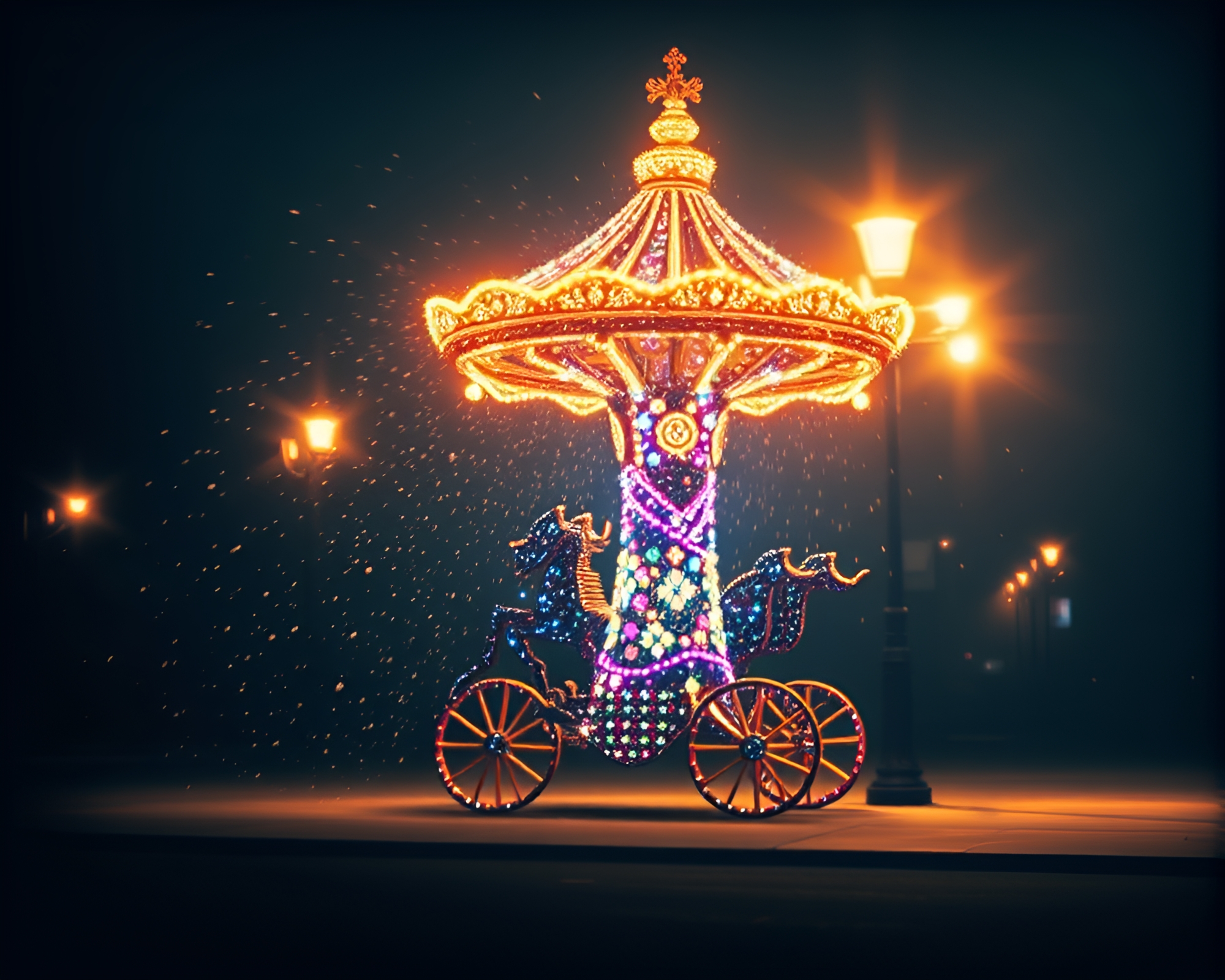 Dynamic Acrylic Chariot in Streetlamp Glow – free AI stock image