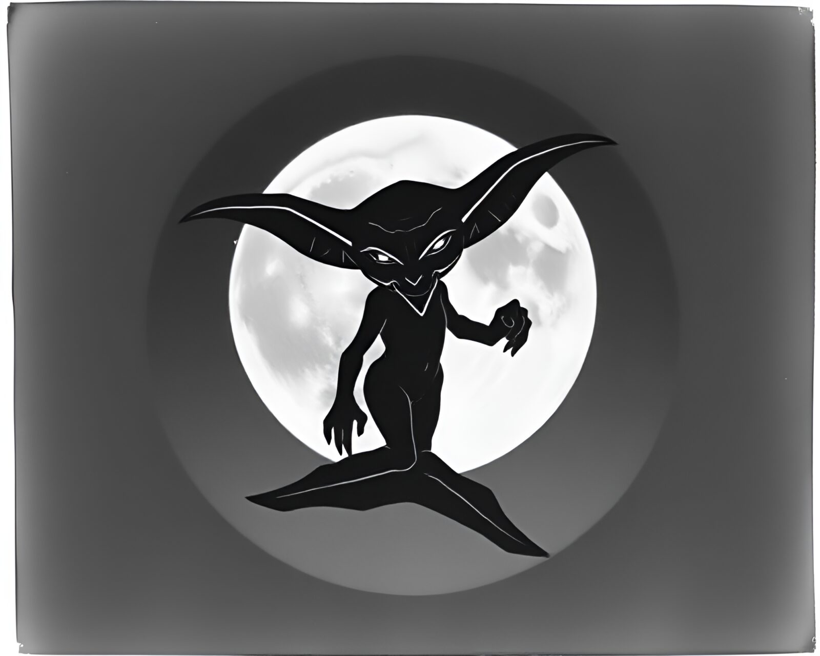 Enigmatic goblin in grayscale mirrored Polaroid shard with lunar glow