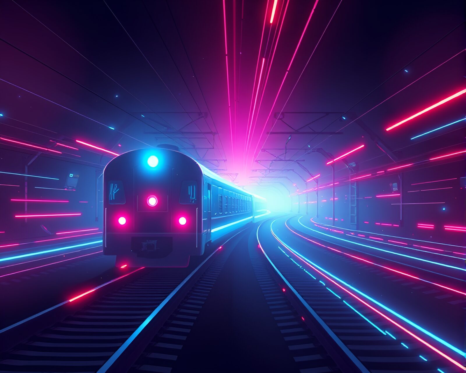 Futuristic cyborg casting sorcery aura amidst train light trails