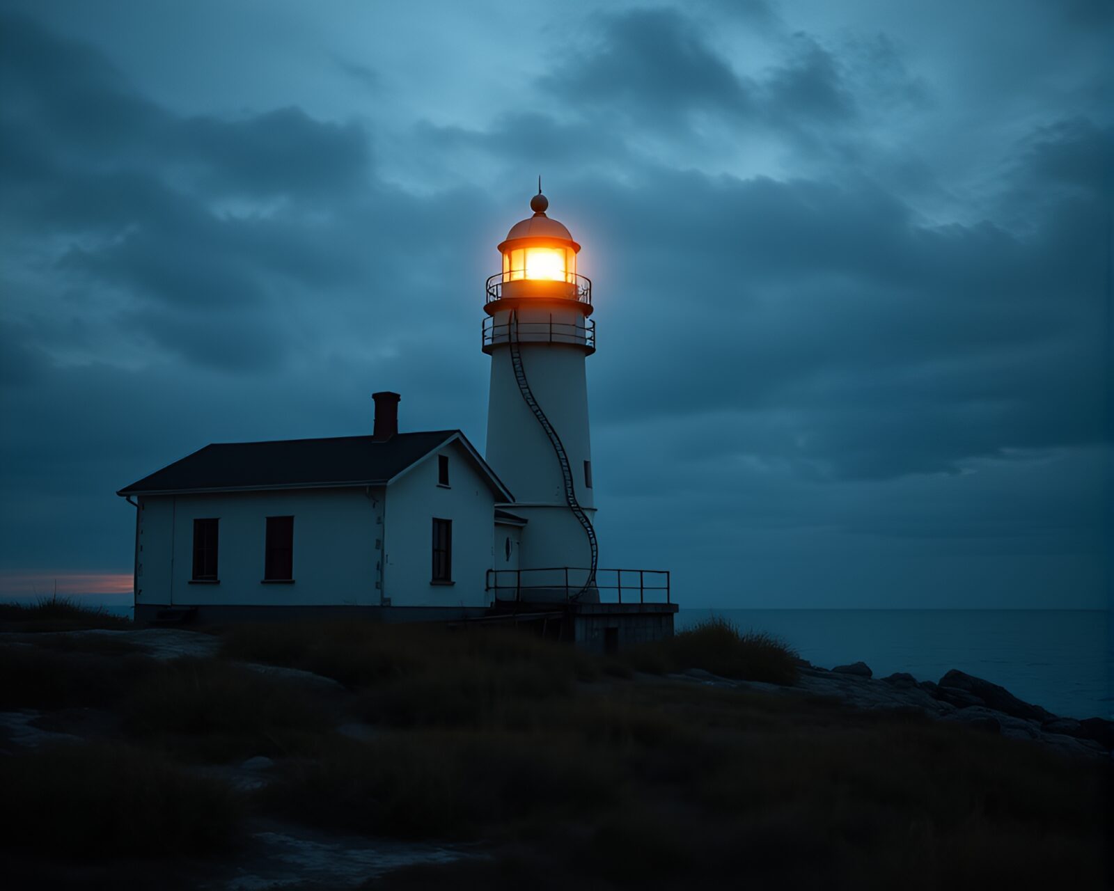 Eerie abandoned lighthouse bathed in golden blue hour light