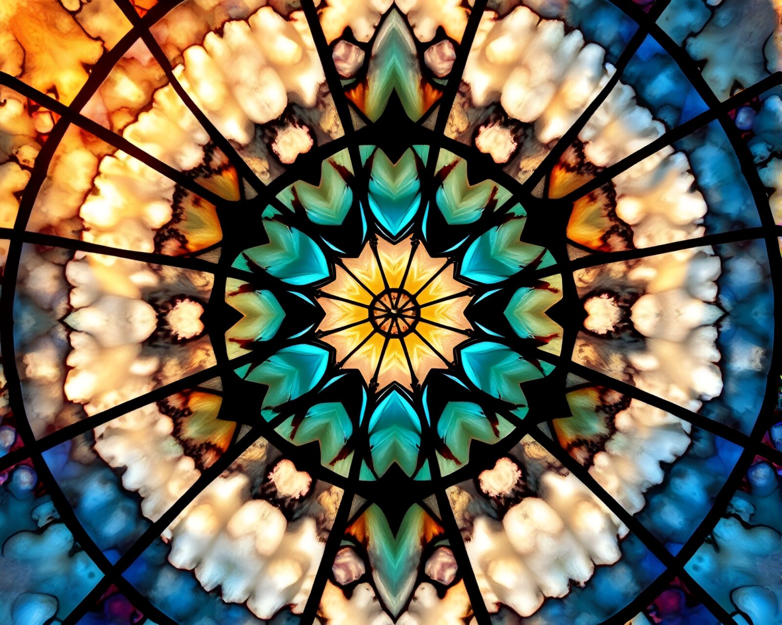 Vibrant stained glass window depicting swirling kaleidoscope clouds