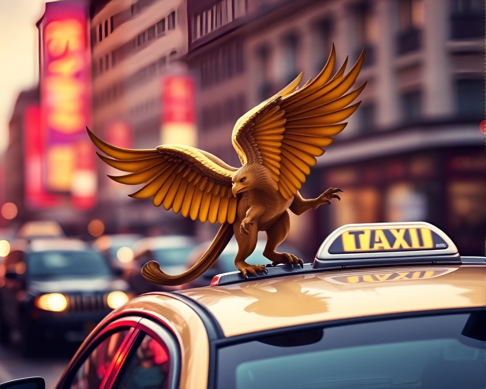 Blurry streaks of a taxi passing by, Gryphon flying above