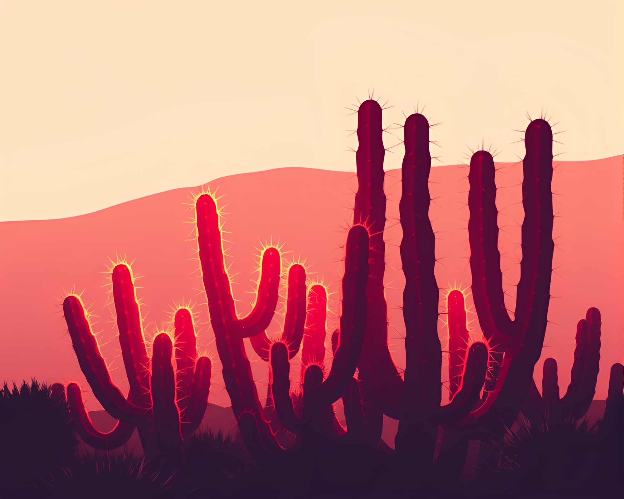 Neon Cactus Silhouette Illustration with Off-White Light Leaks – free AI stock image