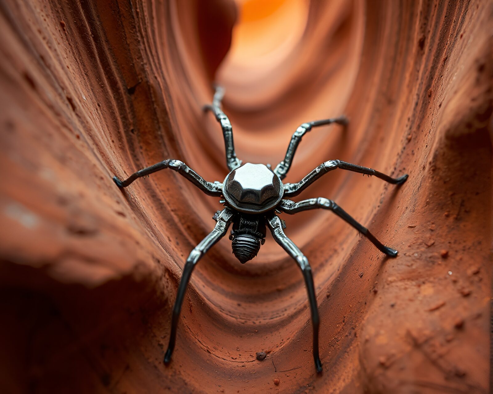 Macro photograph of intricate mechanical spider with silver leaf accents in canyon rust background