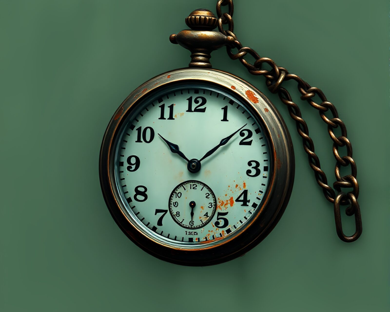 Digital painting of a weathered pocket watch in lush green forest