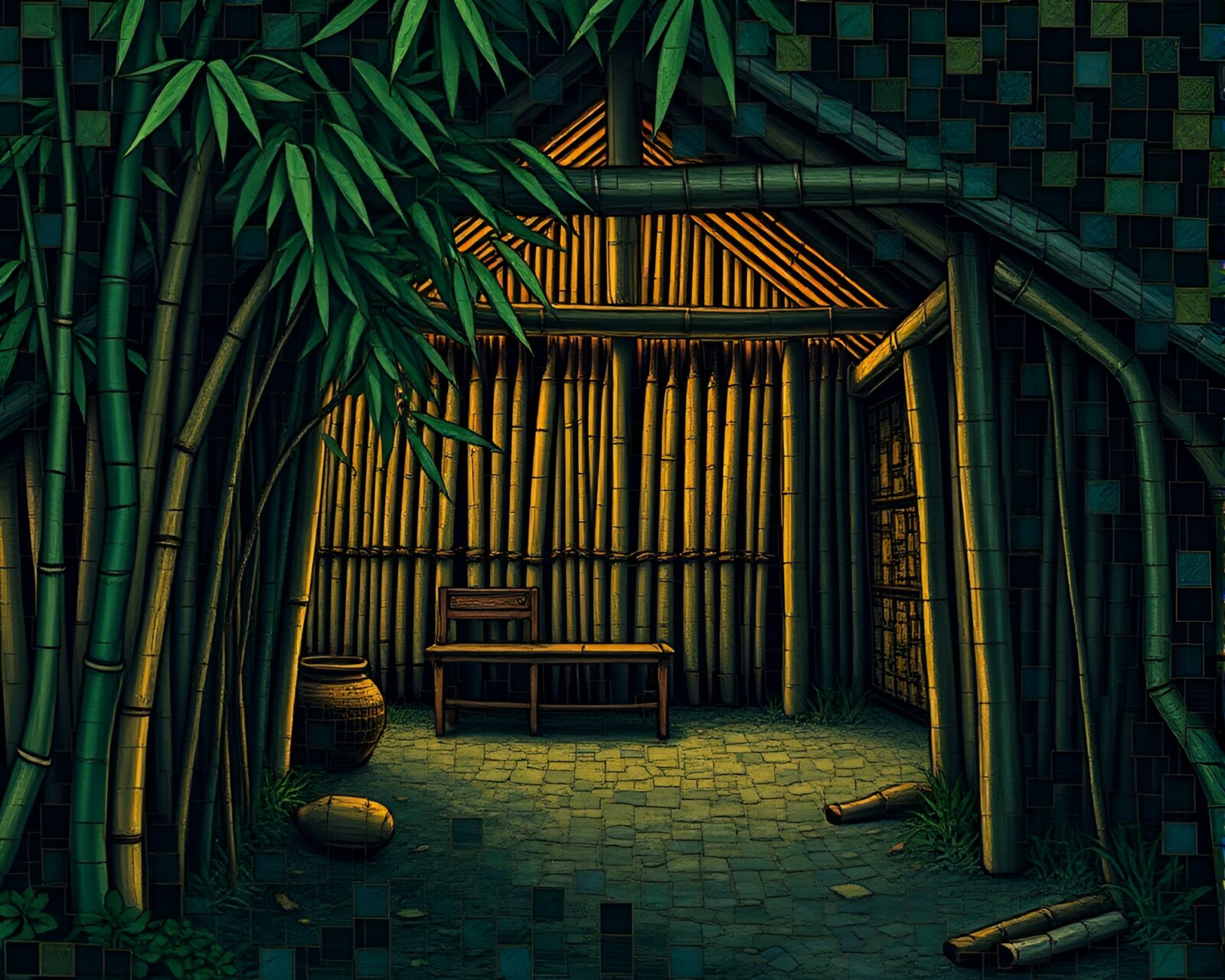 Dimly lit bamboo hut in shattered mosaic form