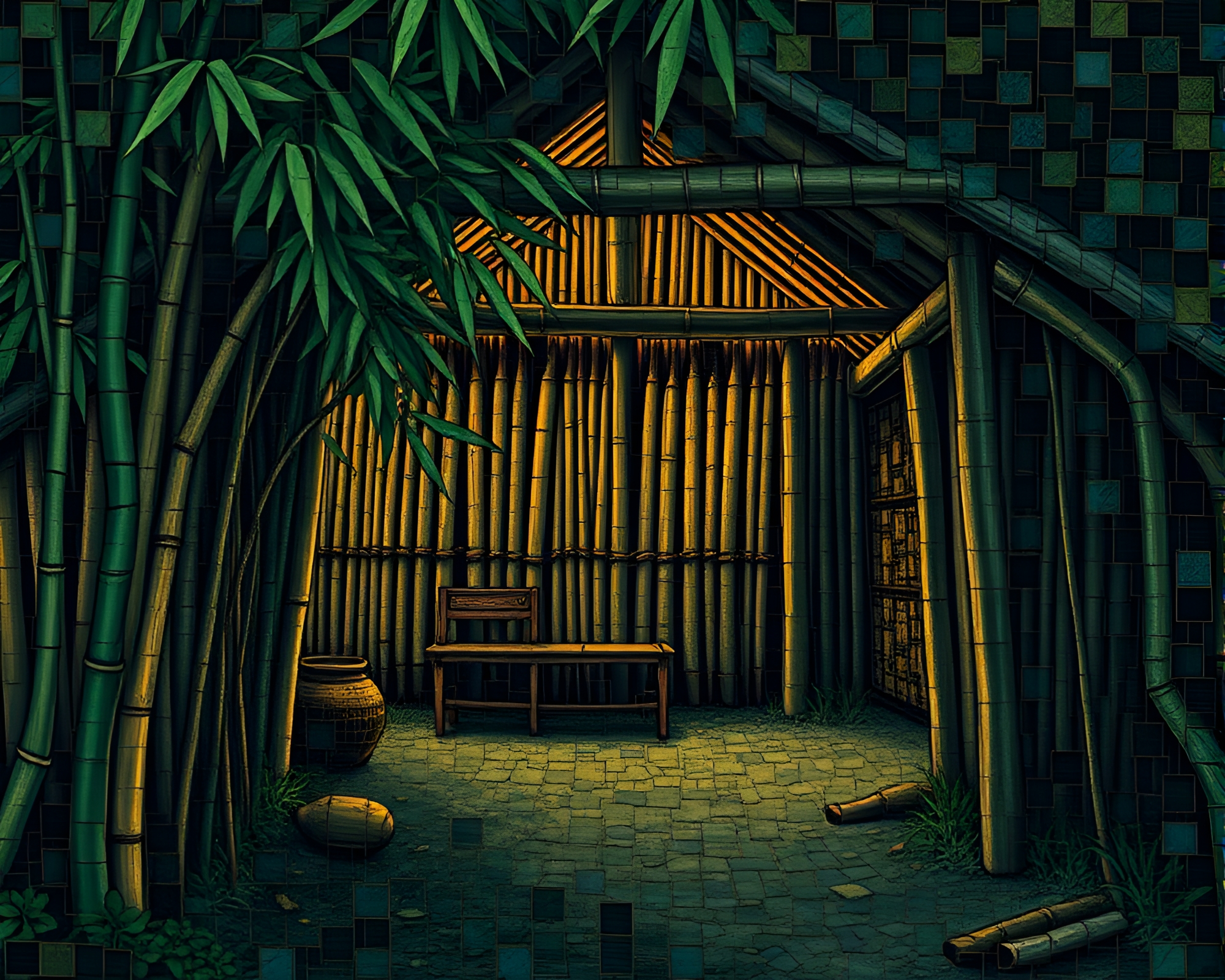 Bamboo Sanctuary Fragmented Mosaic Composition – free AI stock image