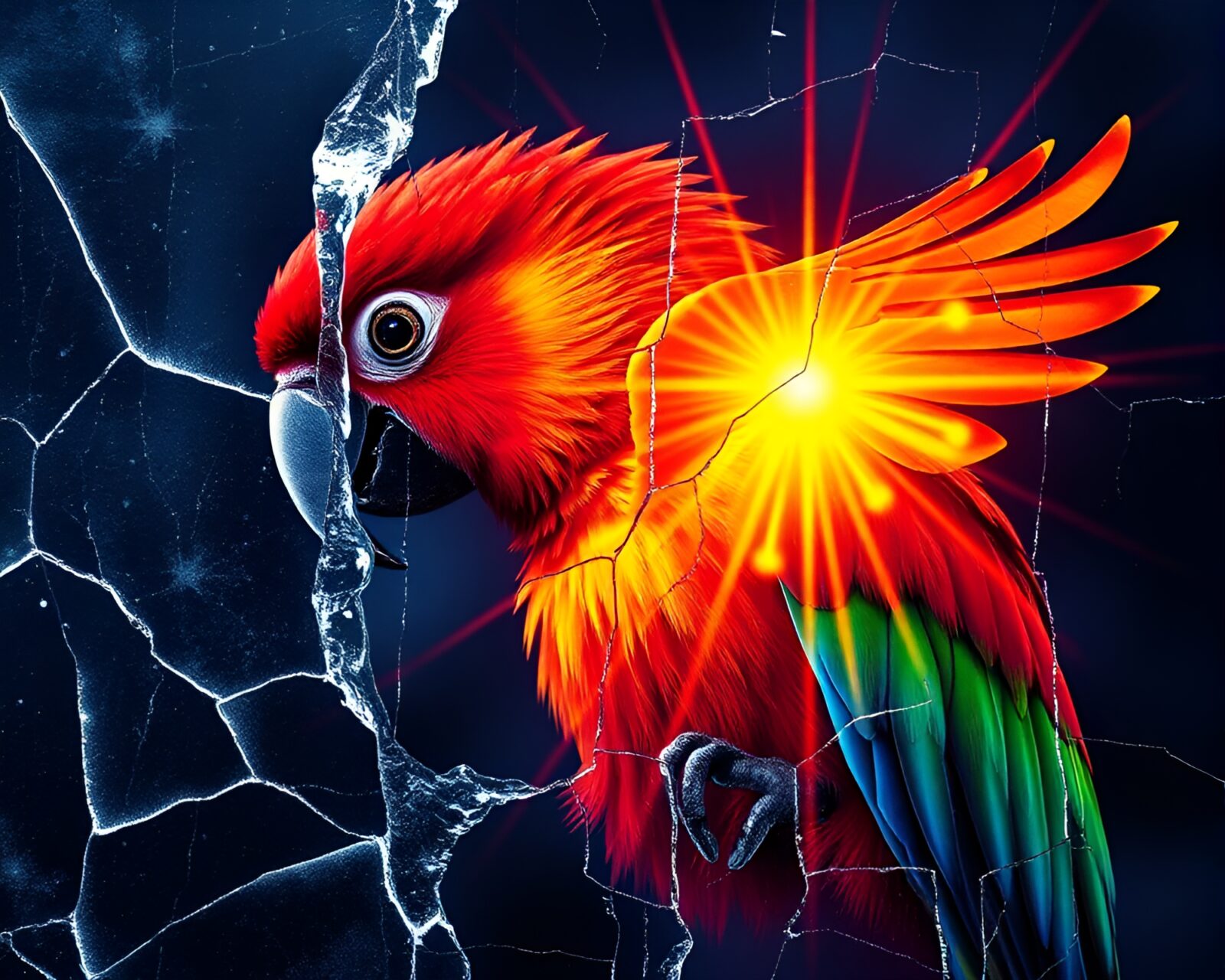 Colorful parrot basking in starburst lighting reflected on ice surface