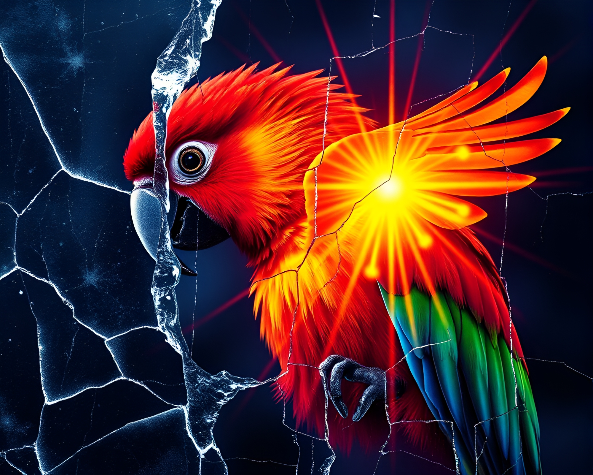Tropical Parrot Reflecting in Ice Crack – free AI stock image