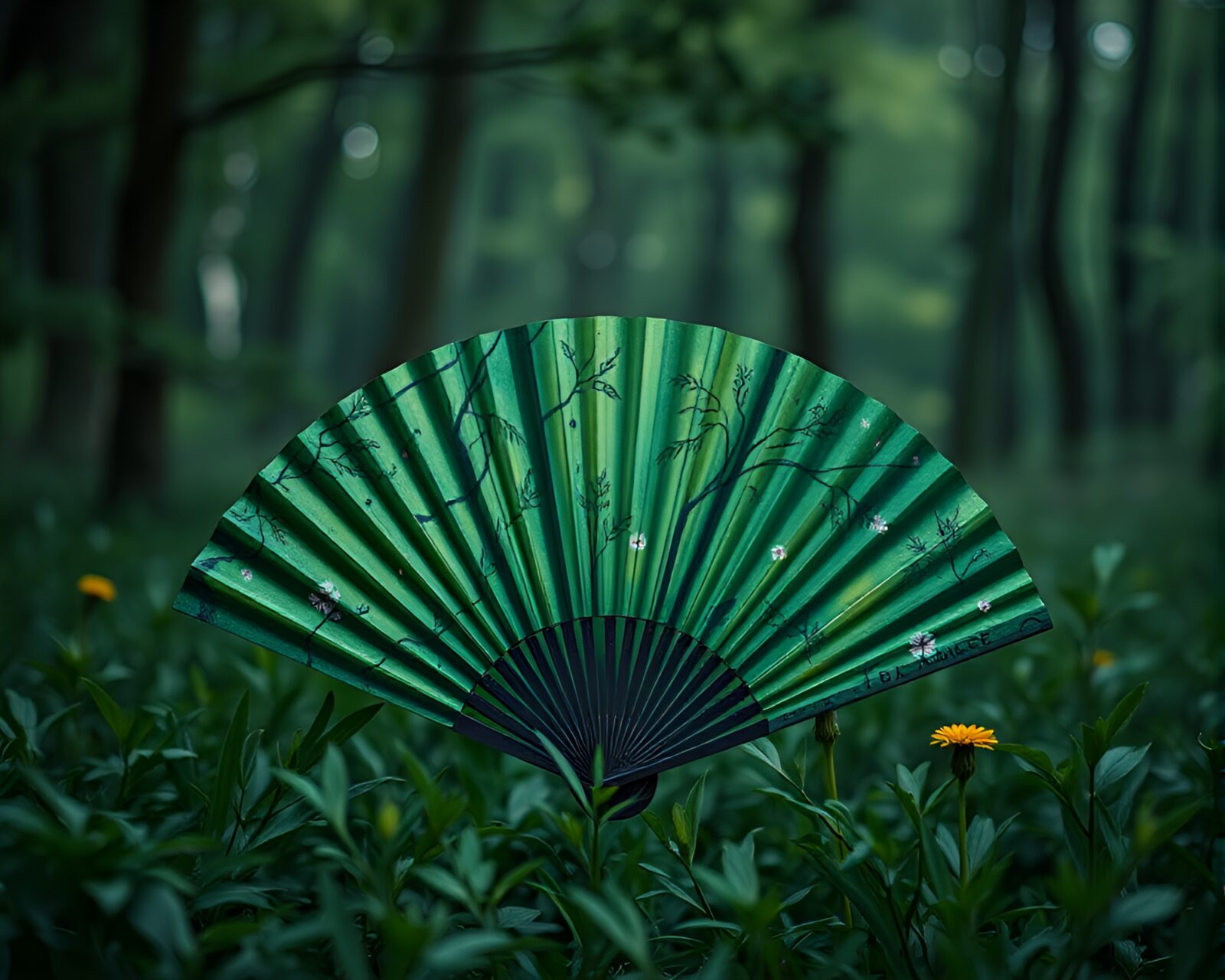 A mystical forest scene with a magical hand-painted fan.
