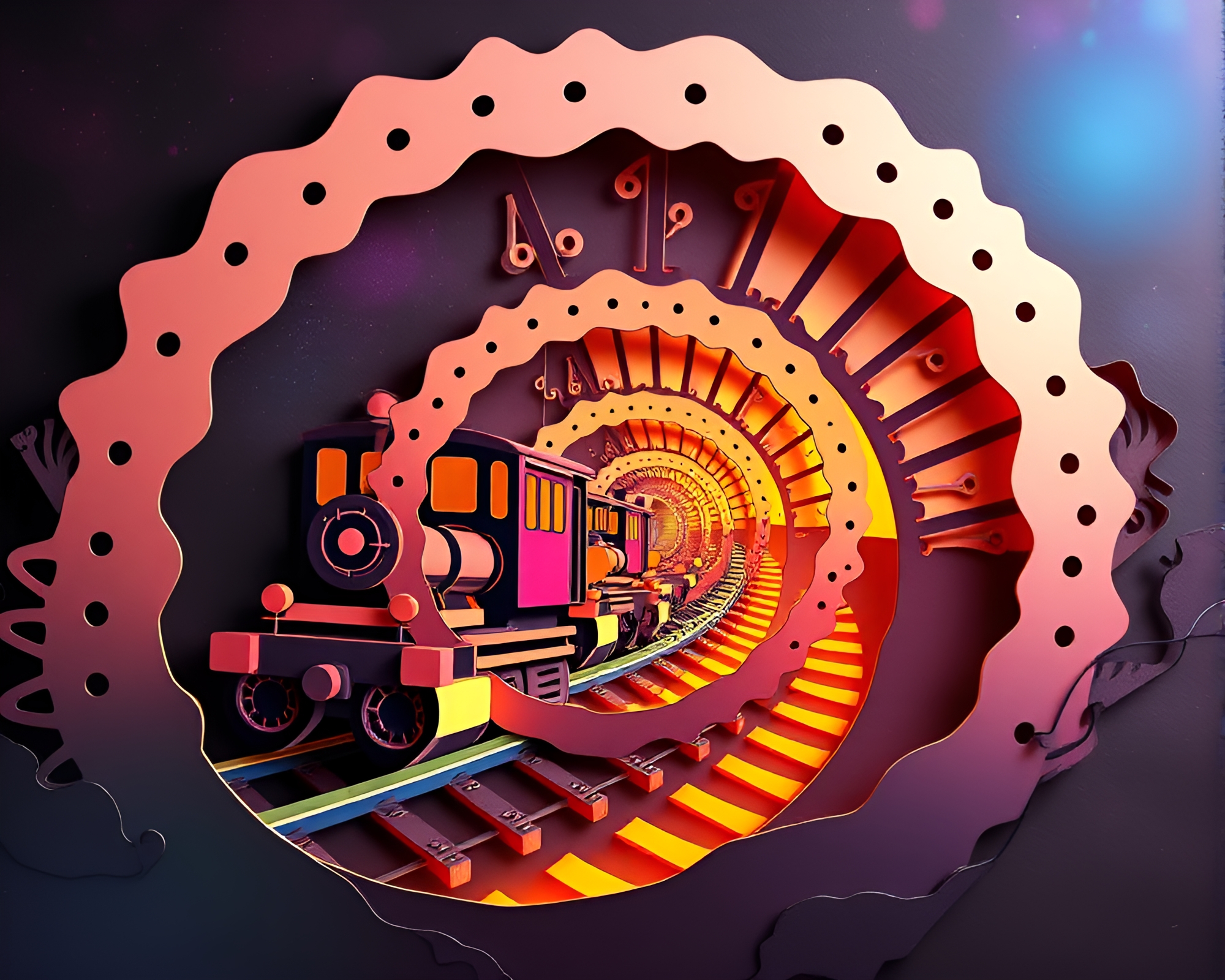Surreal Train Journey through Fibonacci Paper Spiral – free AI stock image