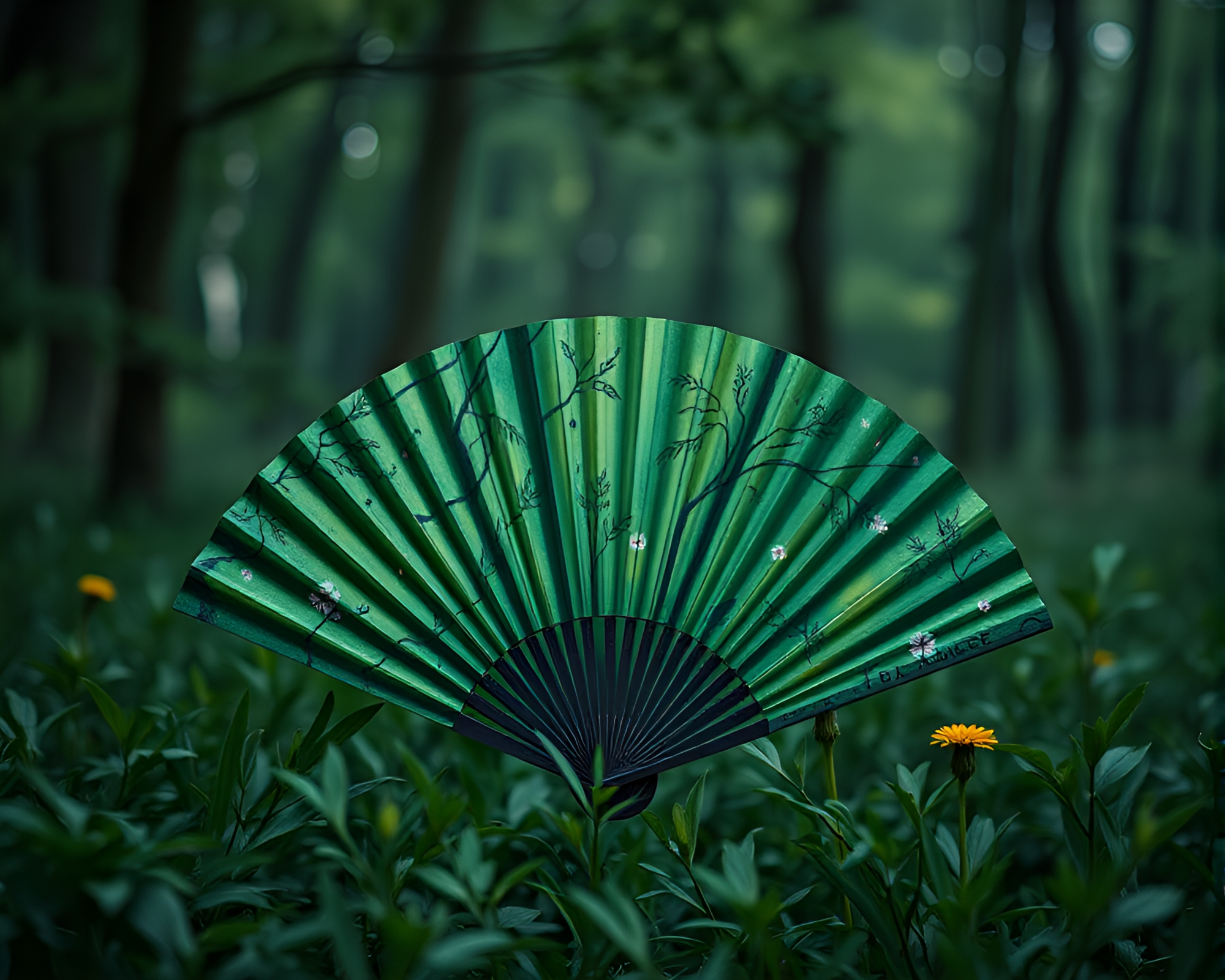 Enchanted Forest Green Hand-Painted Fan Wide Shot – free AI stock image