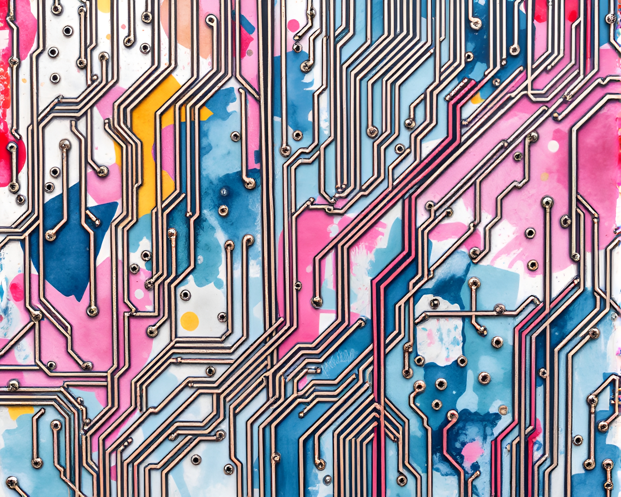 Watercolor Circuit Board with Silver Leaf Accents – free AI stock image