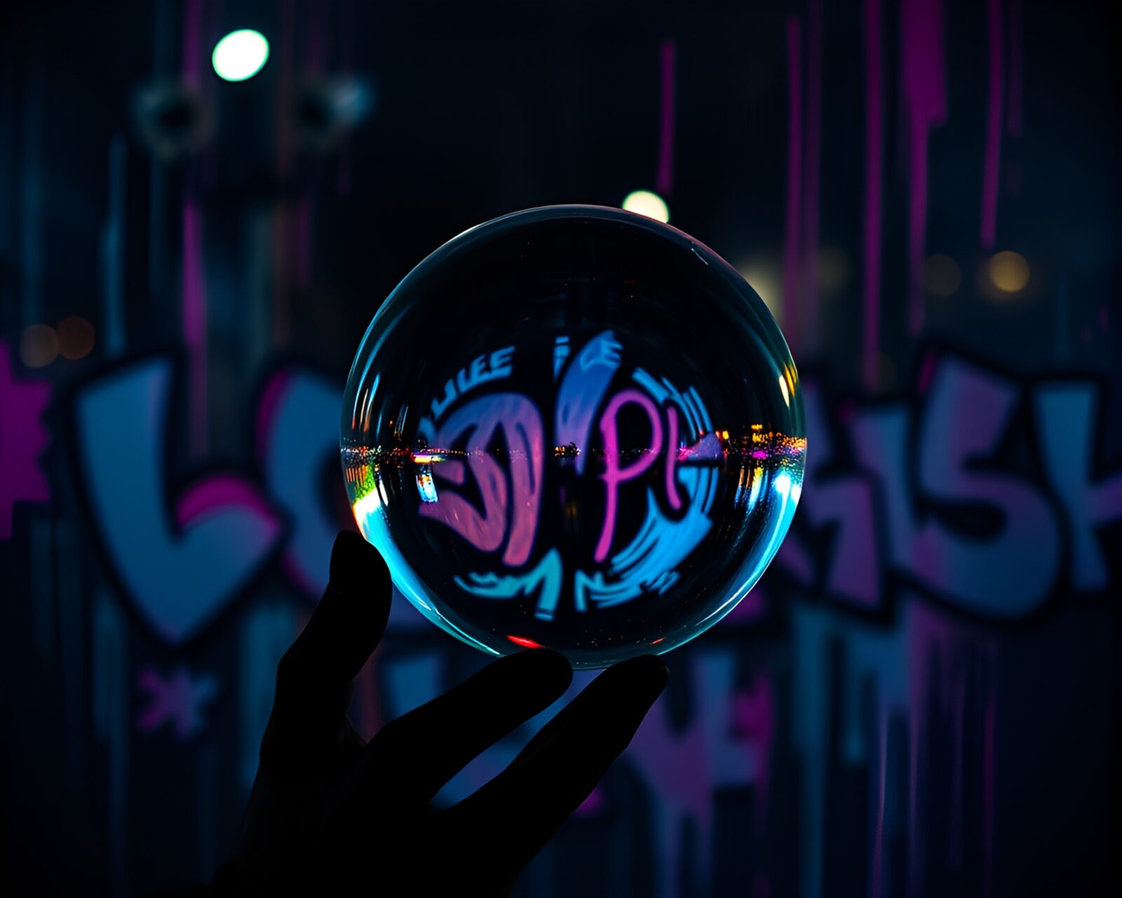 Silhouetted figure with glass orb amidst colorful graffiti