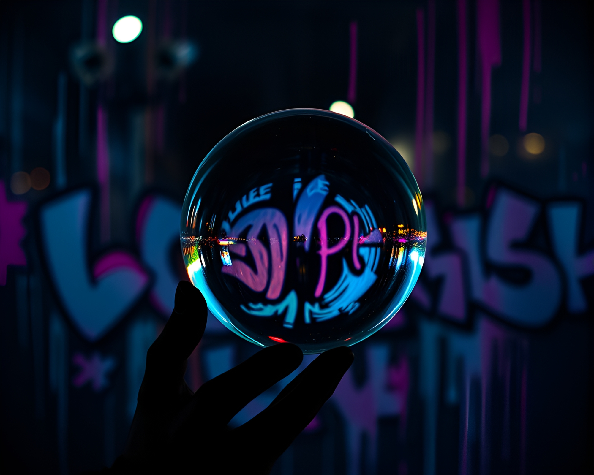 Glass orb reflection in pastel graffiti alley – free AI stock image