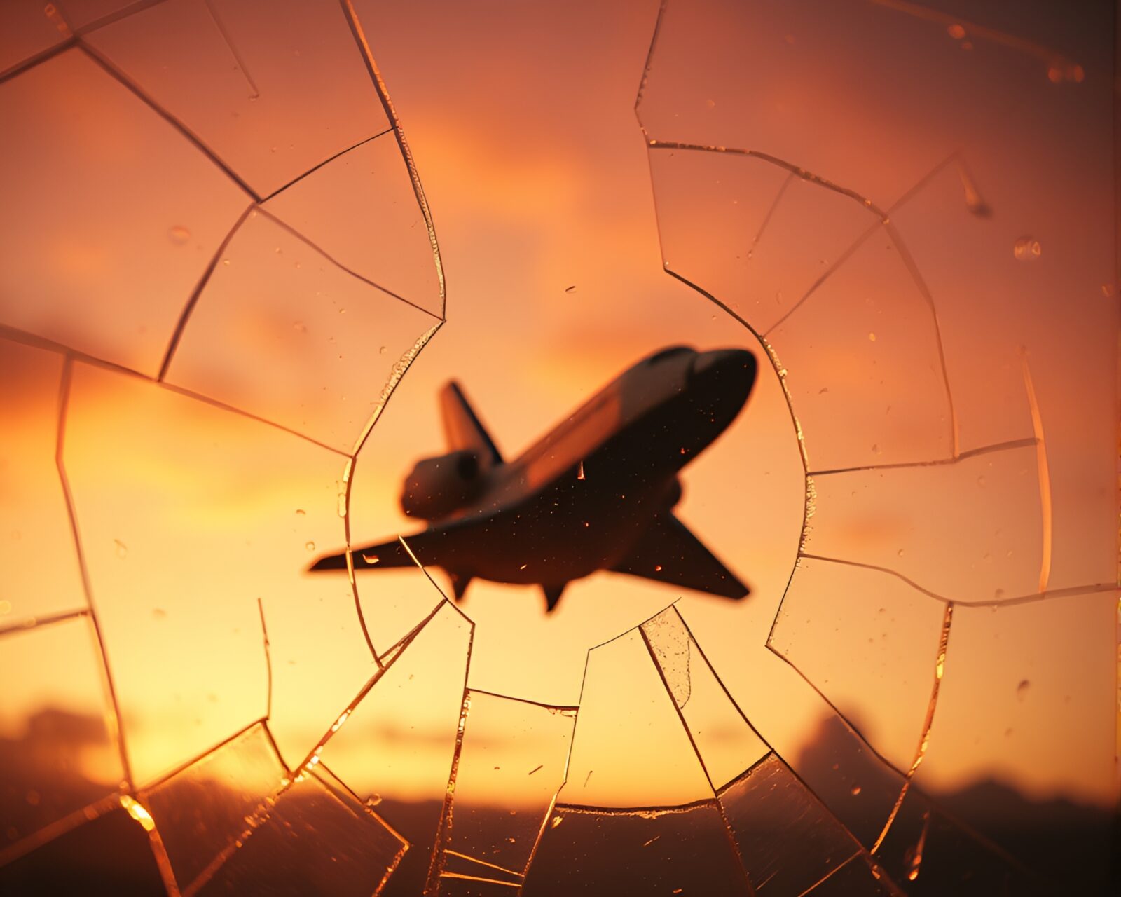 Abstract reflection of space shuttle in shattered glass