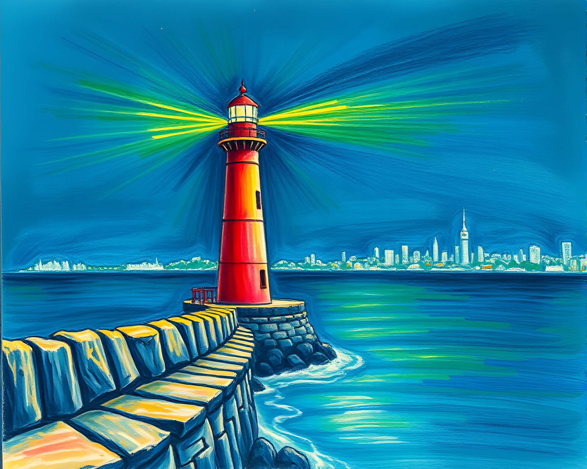 Luminous Cityscape: Lighthouse Illuminated in Neon Lights – free AI stock image
