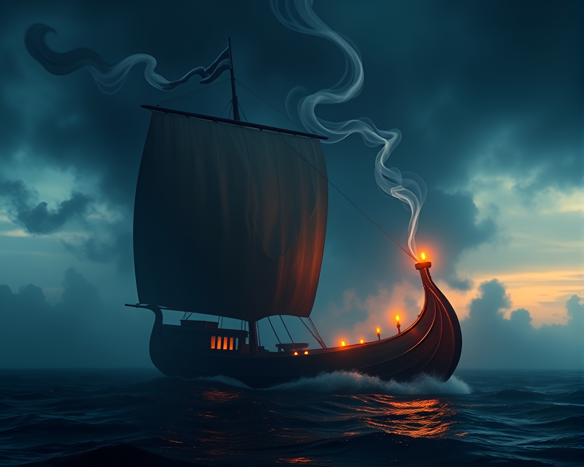 Mystical Viking Longship Amidst Swirling Smoke Plumes – free AI stock image