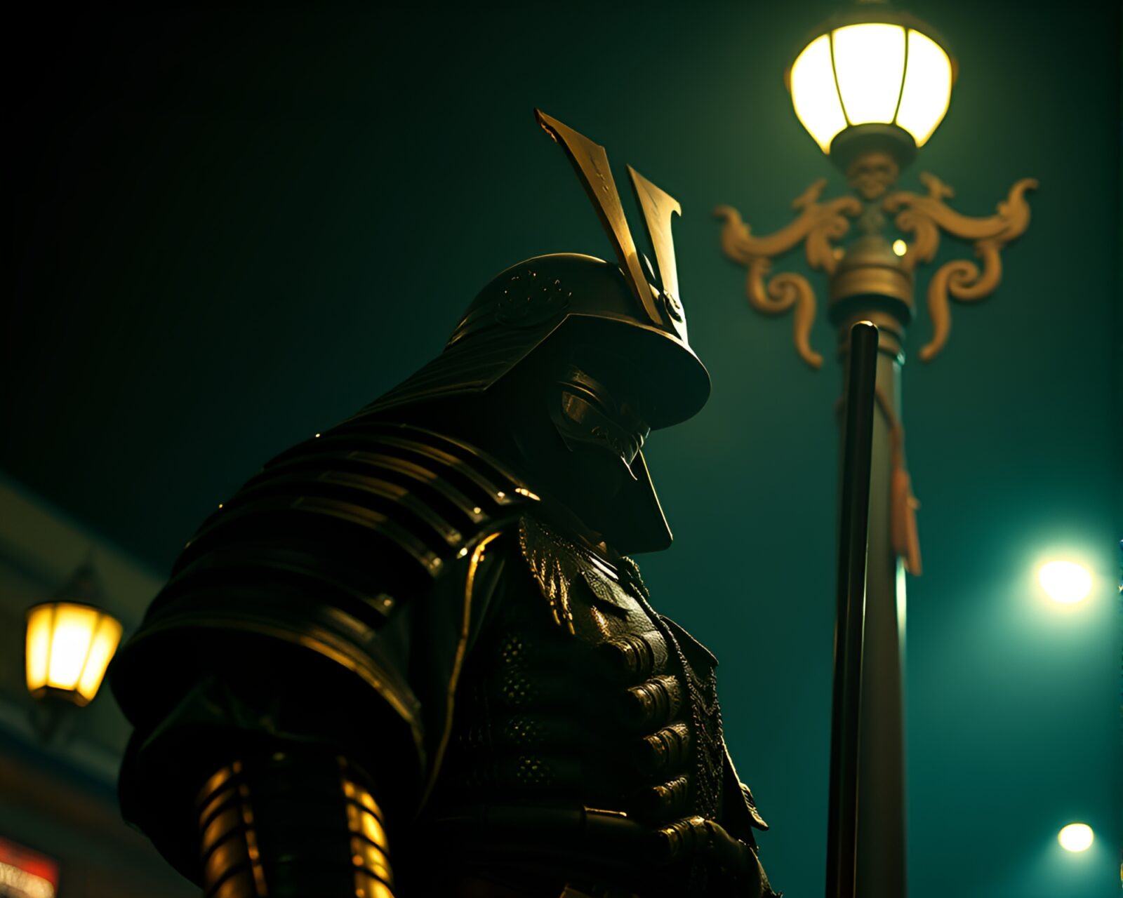 Artistic low-angle view of samurai under streetlamp glow