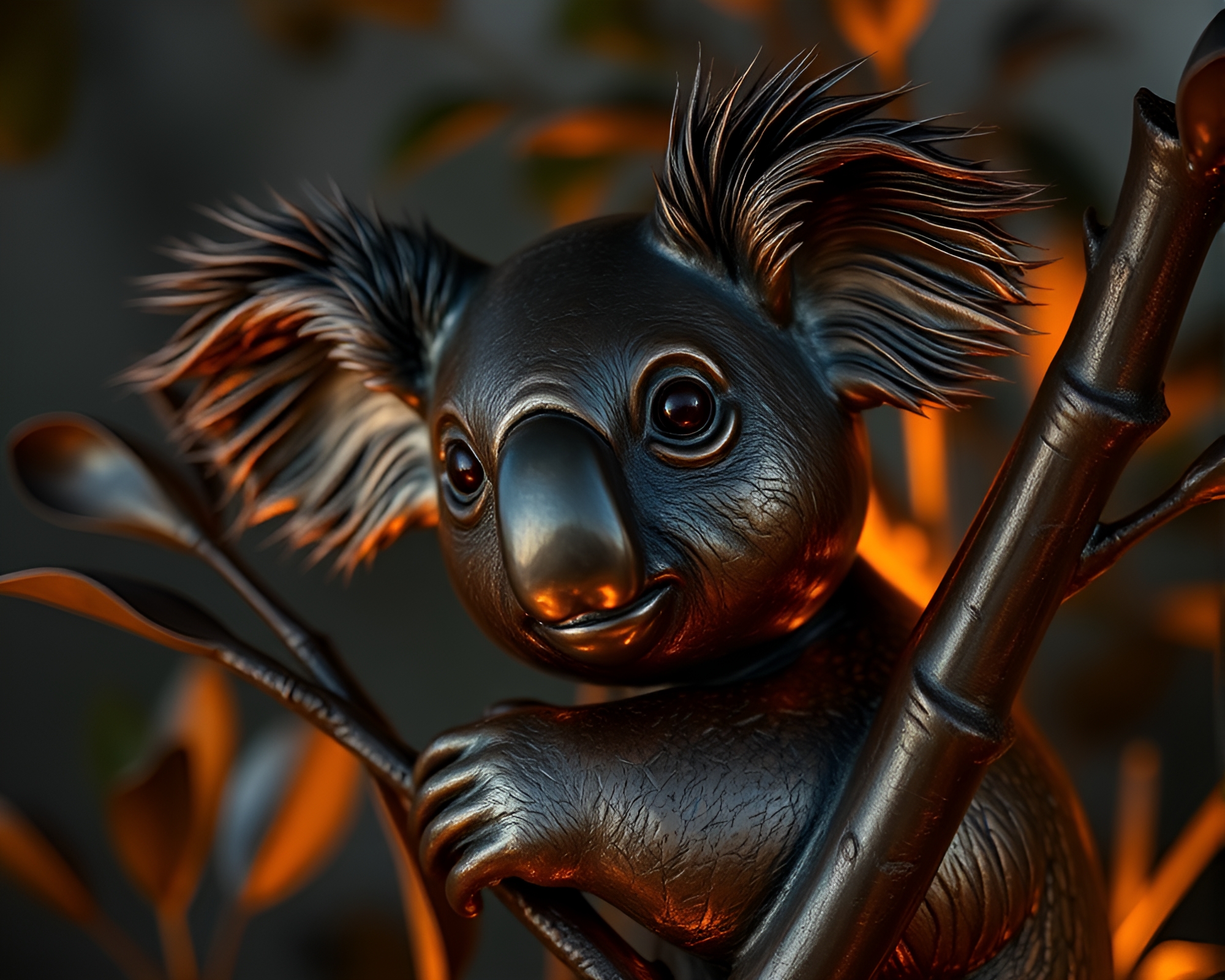 Koala bathed in golden hour light with bronze patina – free AI stock image