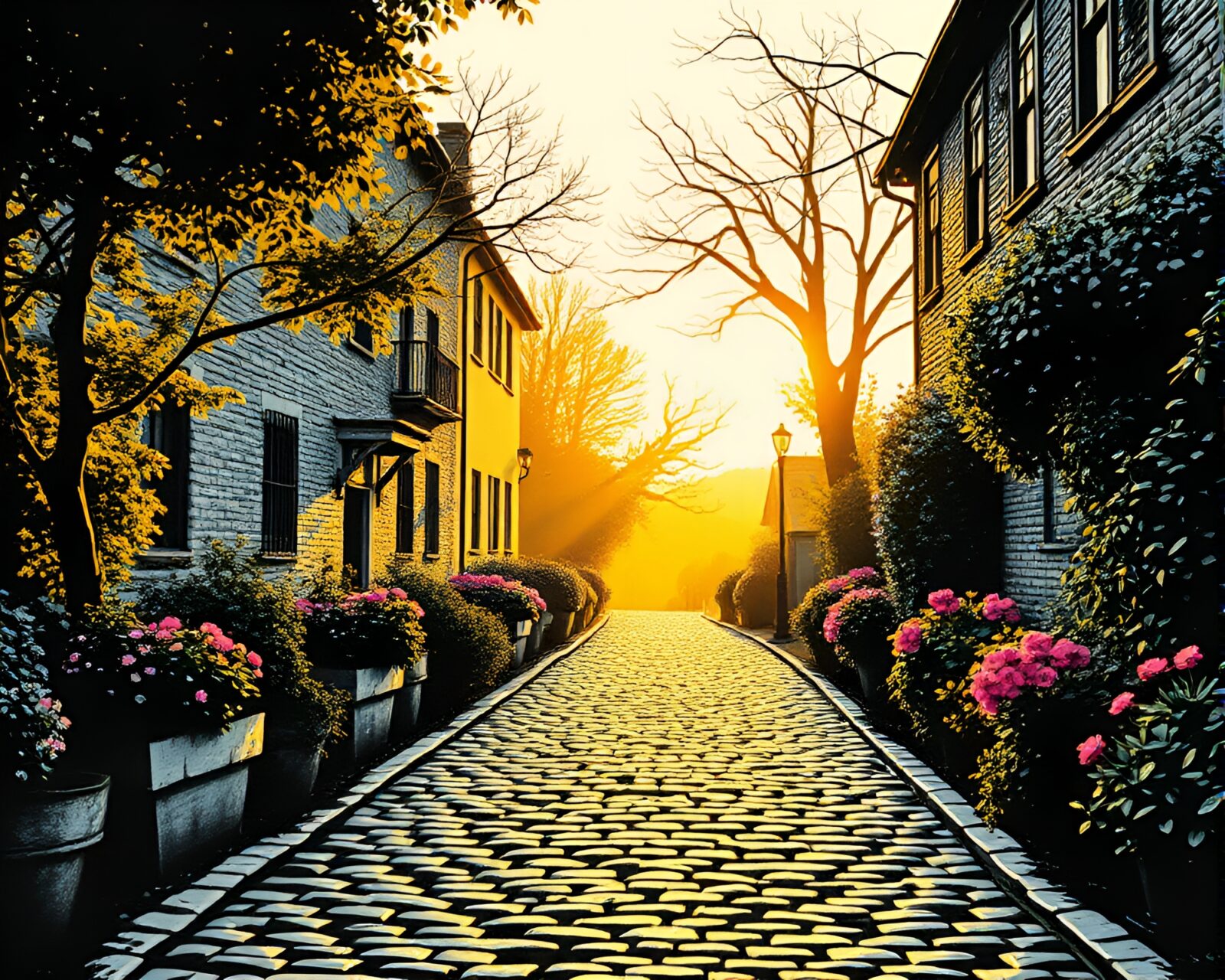 Sculpted satin ribbon winding through dawn-lit cobblestone road