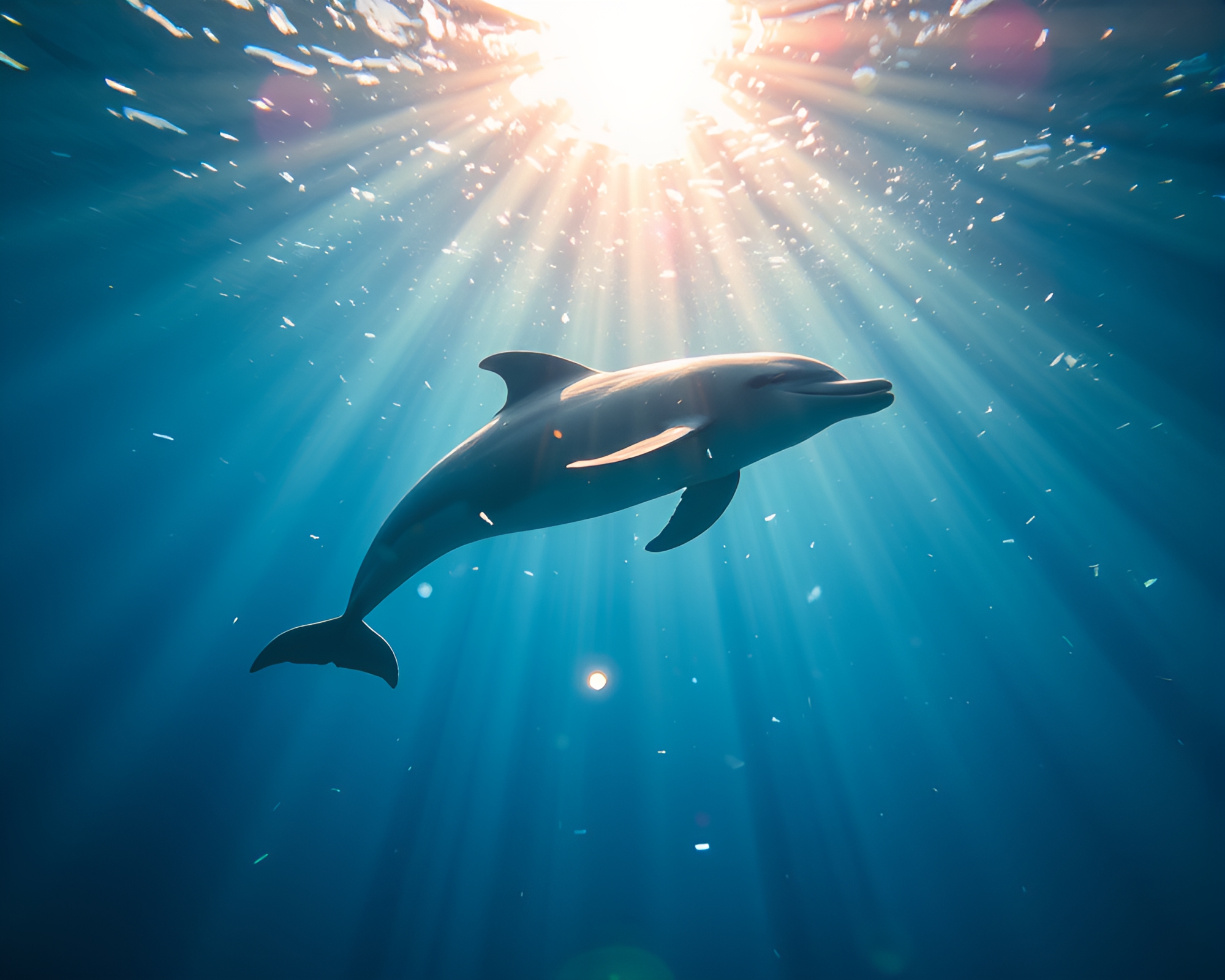 Dolphin dancing in kaleidoscope sunbeams – free AI stock image