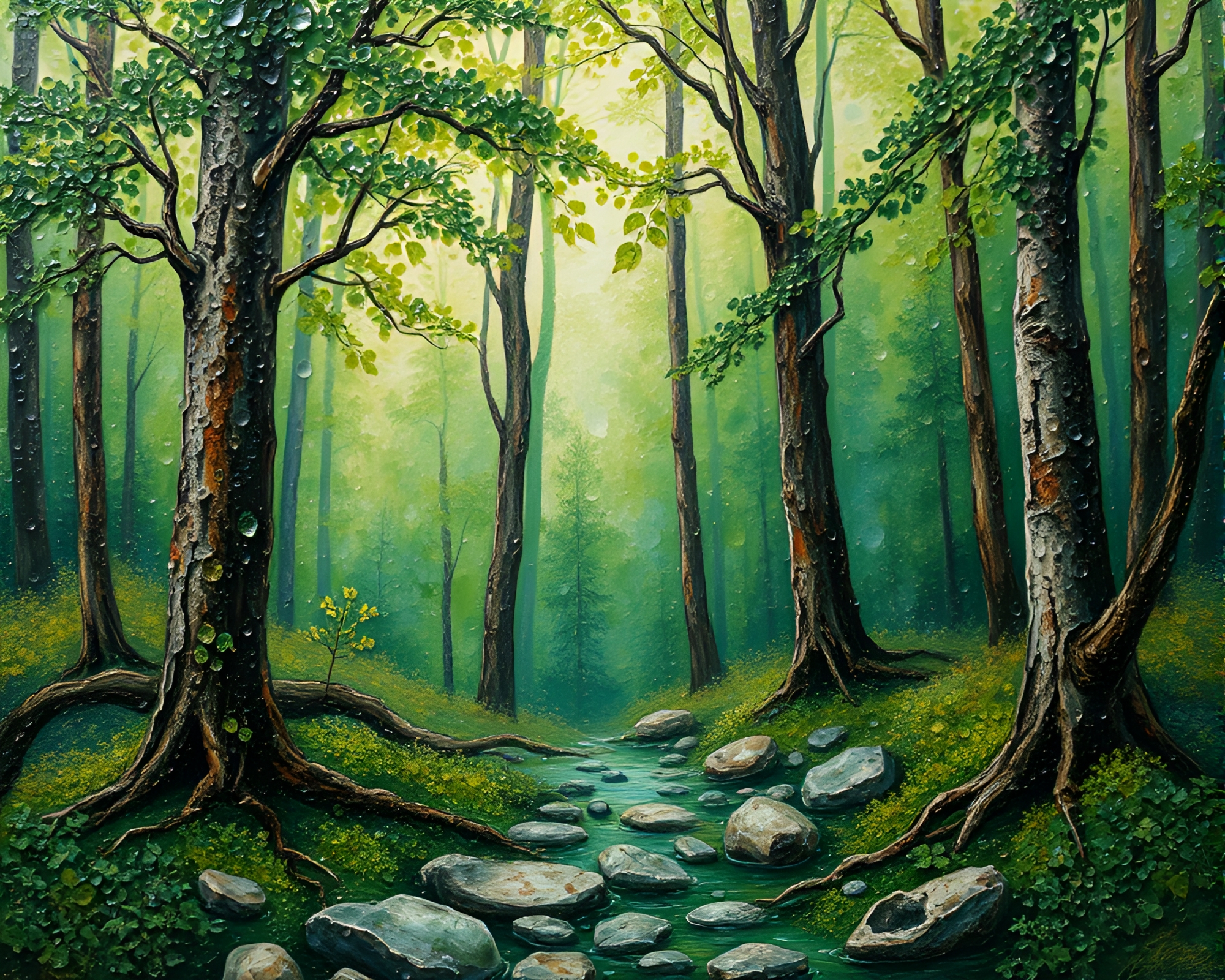 Enchanted Monolith in Green Forest Fresco Painting – free AI stock image