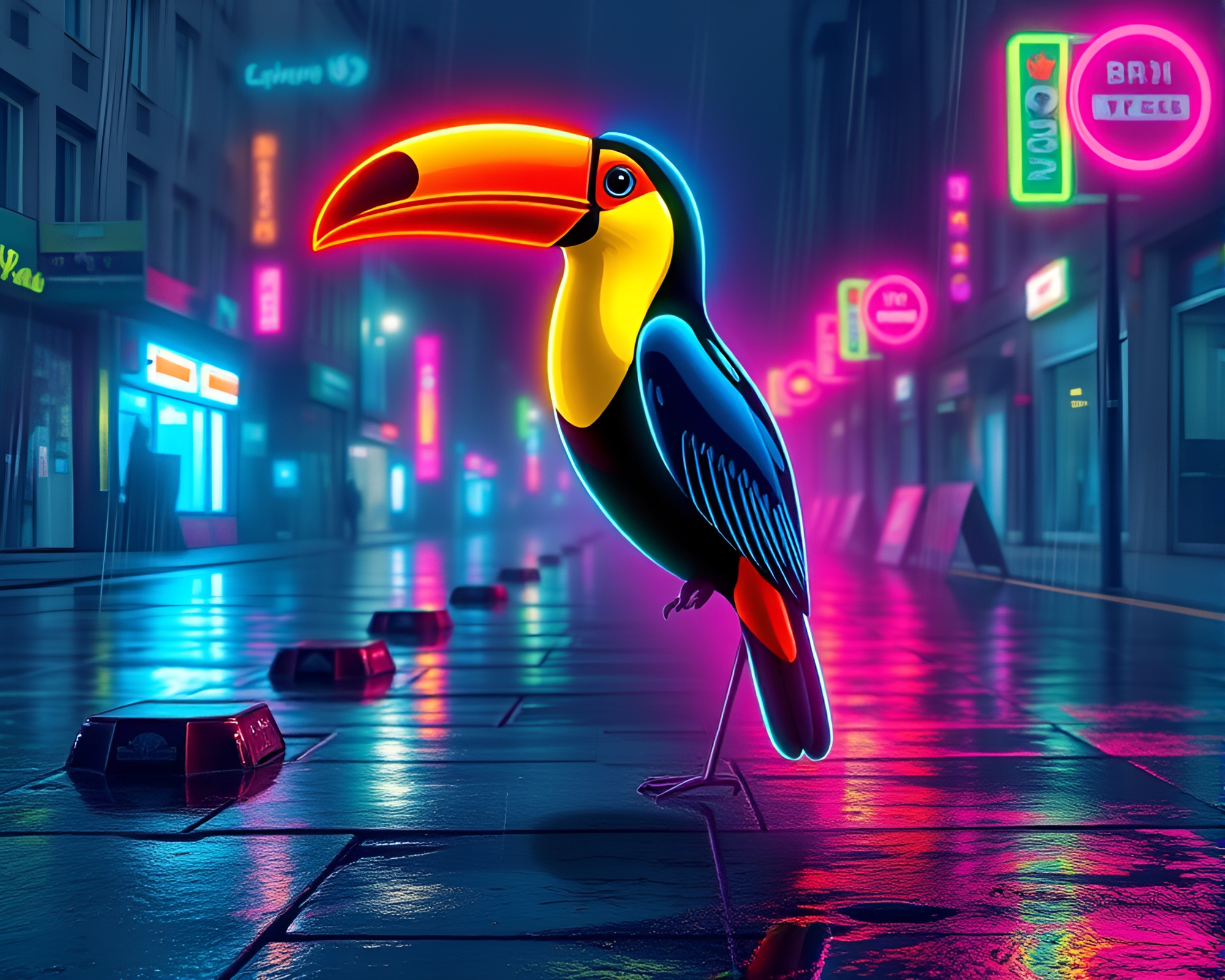 Neon Toucan in Vector Art amidst Wet Graffiti – free AI stock image
