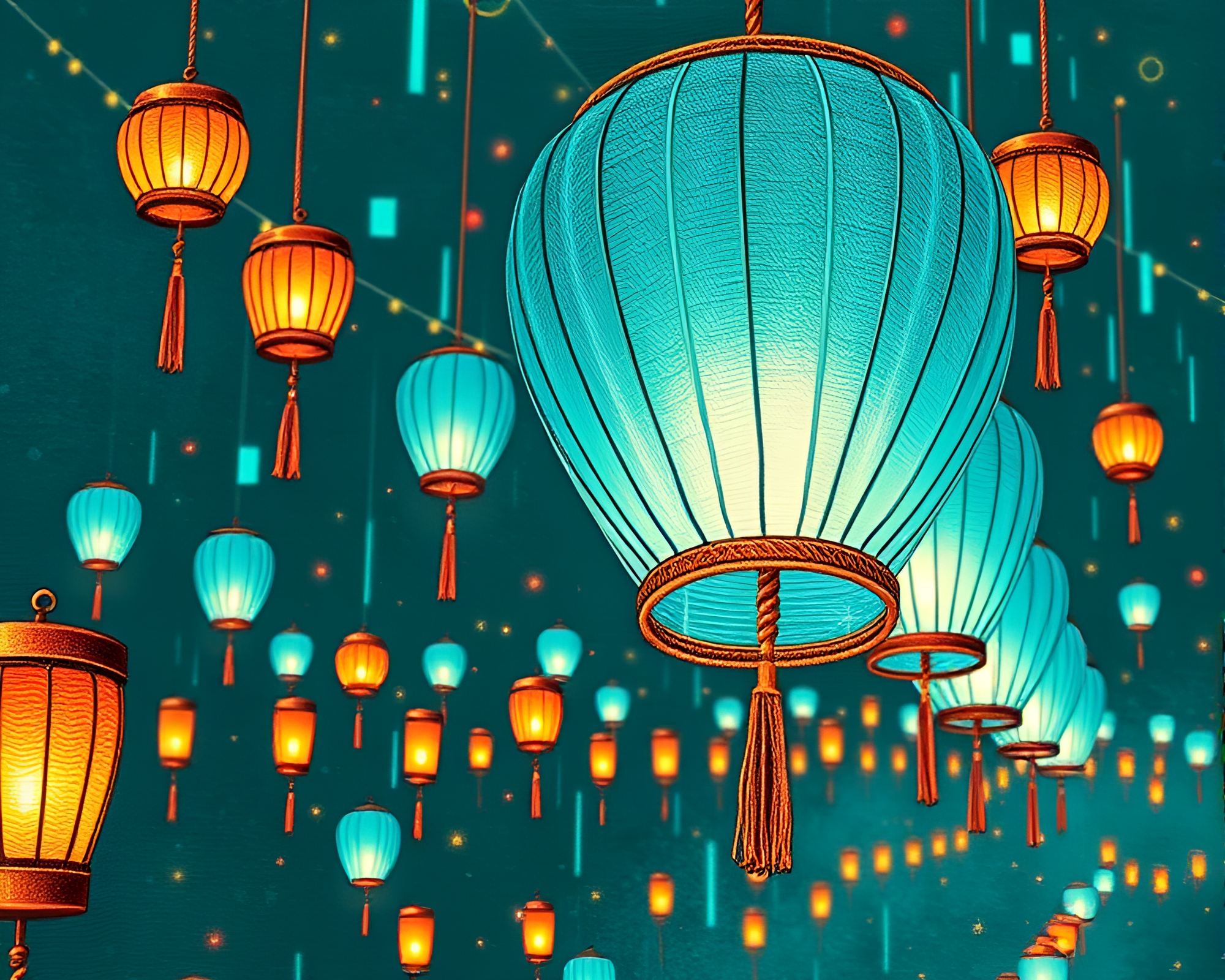 Embroidered Lanterns Floating in Glitch Art Teal Serenity – free AI stock image