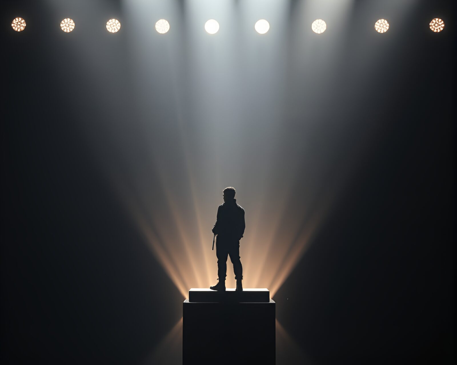 Mysterious silhouette reflecting in the shimmering quantum teleportation device.