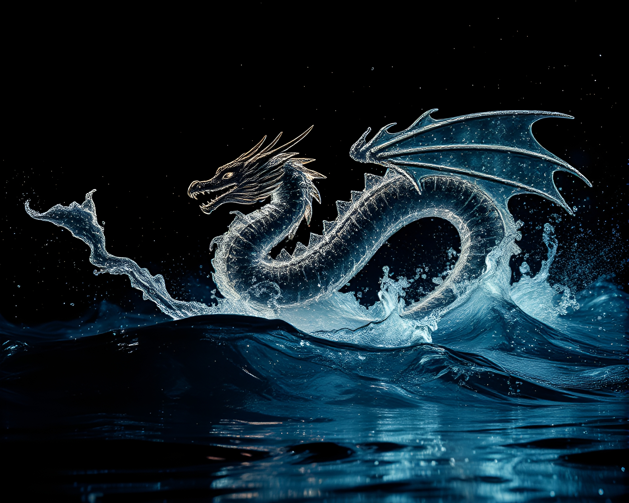 Celestial Dragon in High-Contrast Noir Water Distortion – free AI stock image