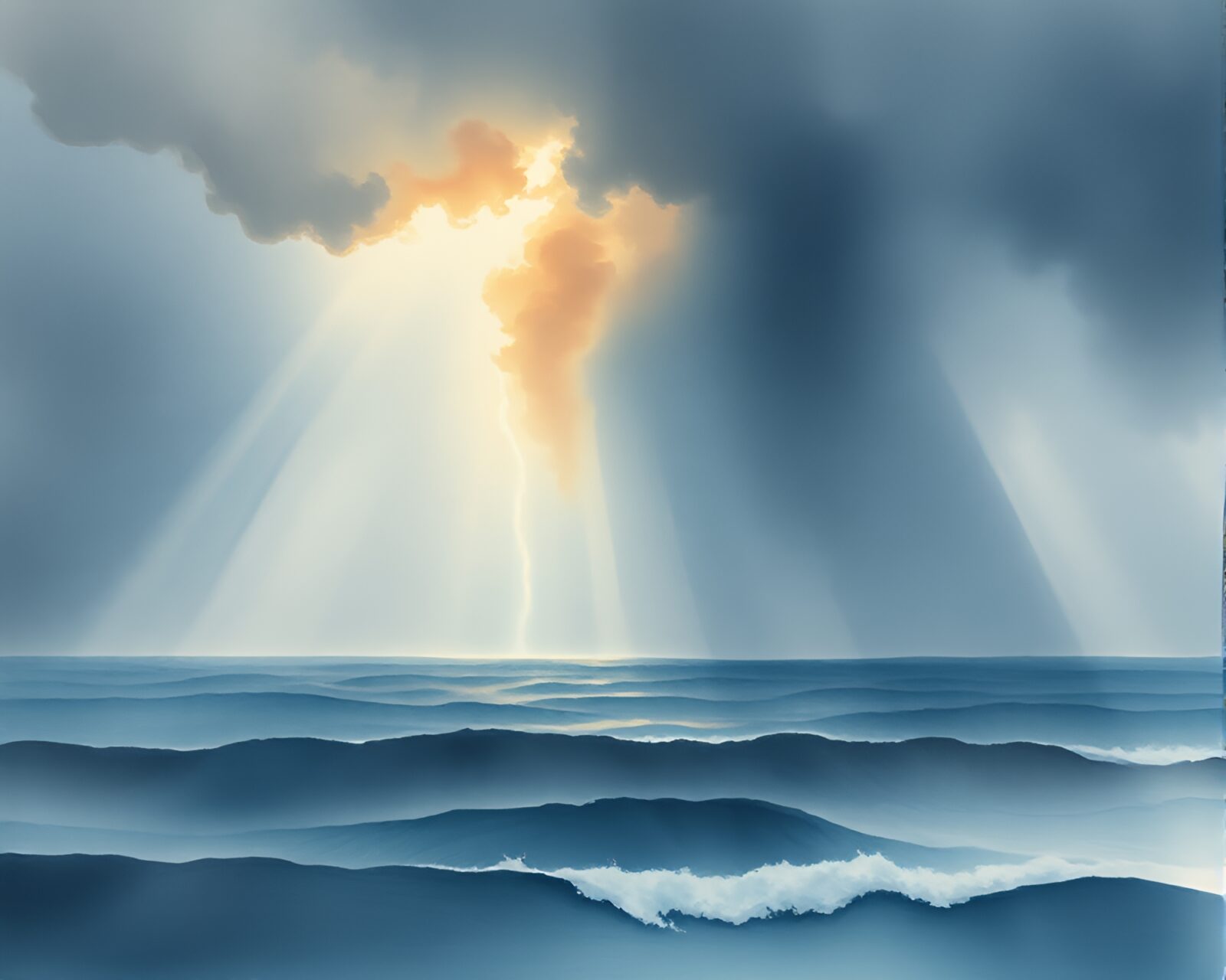 Watercolor painting of ocean thunderstorm with wildlife and smoke rings