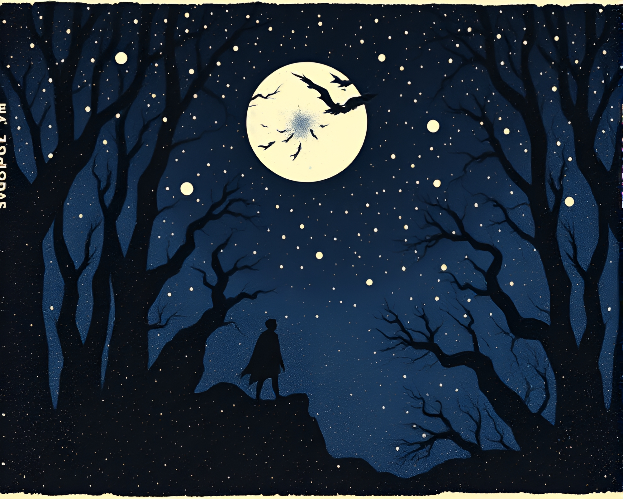 Sapphire Vampire: Woodcut Pointillism – free AI stock image