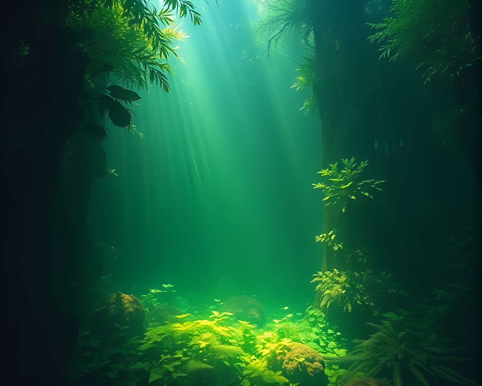 Prismatic Submarine in Rainforest Green Haze – free AI stock image