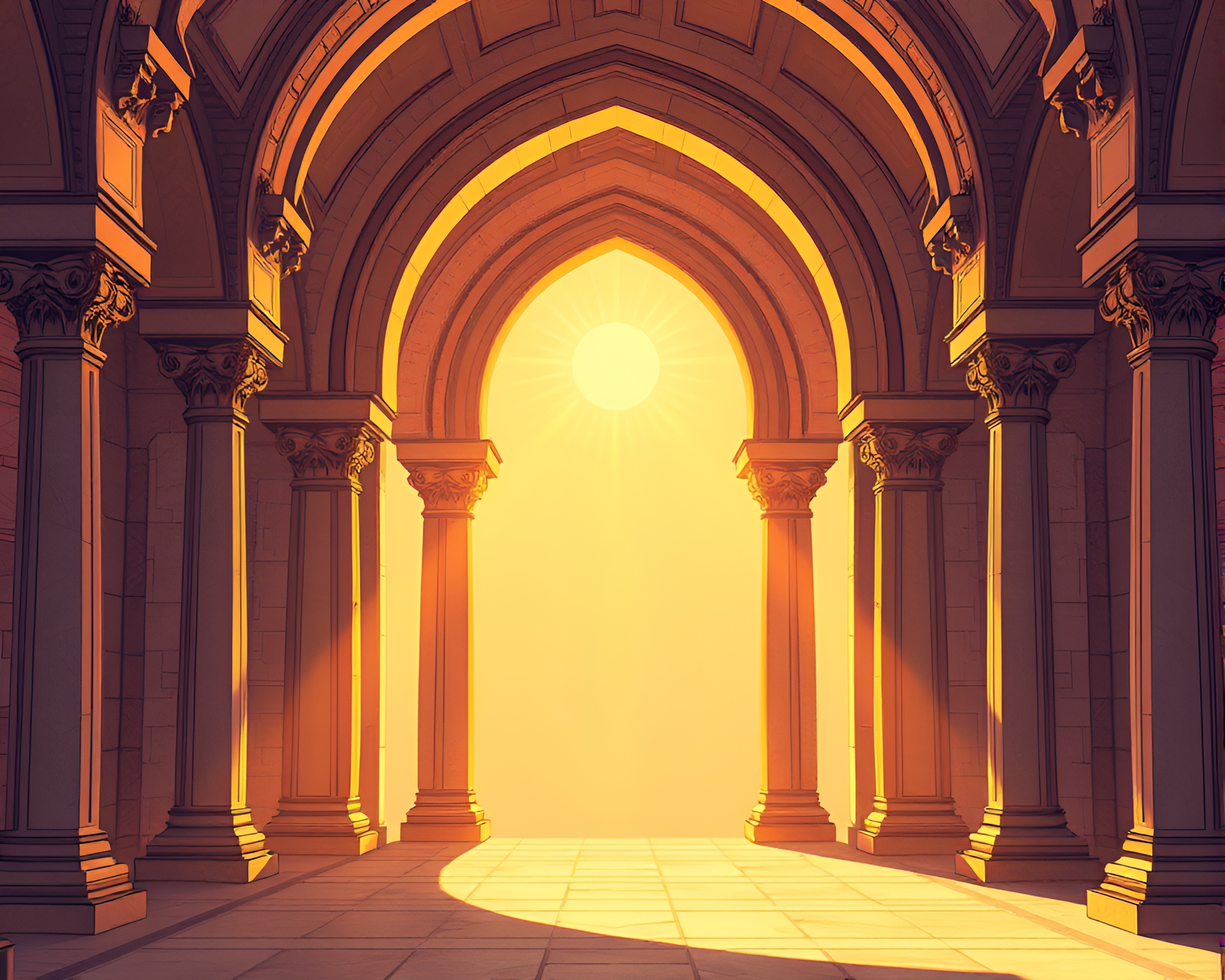 Sunrise Glow Through Geometric Church Window – Cartoon Style – free AI stock image