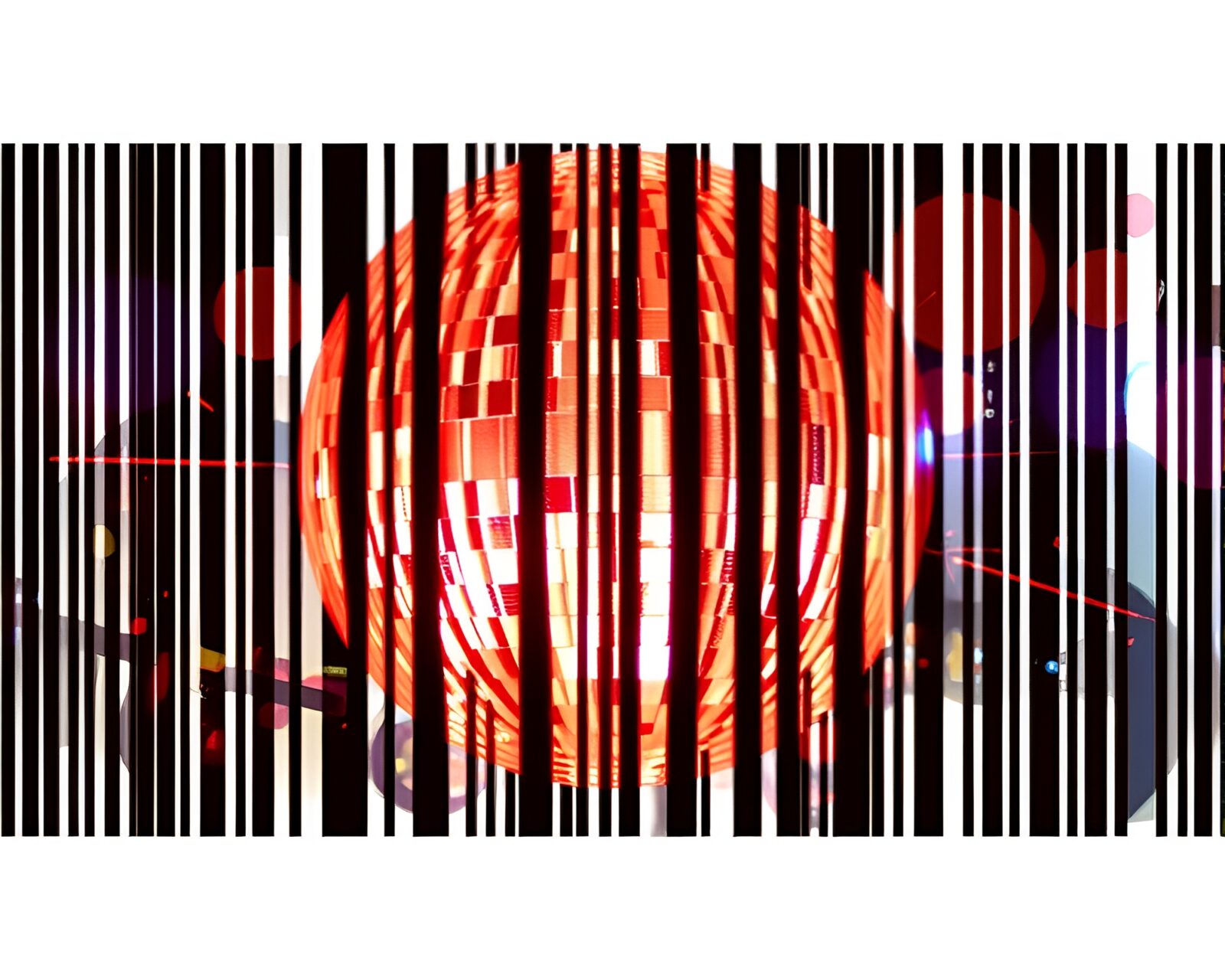 Vibrant motorcycle with disco ball lights and barcode stripes