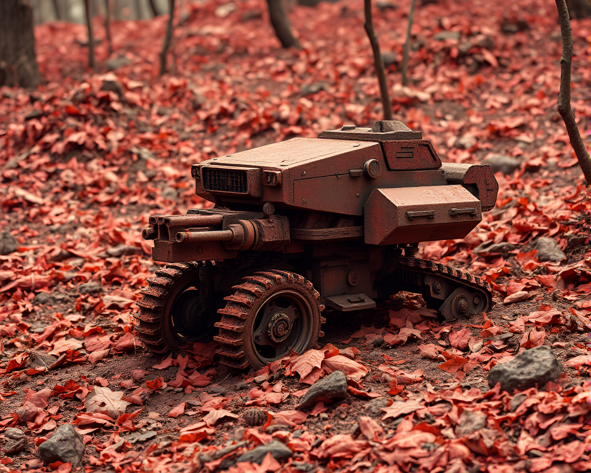 Mech Battle amidst Volcanic Leaf Litter – free AI stock image