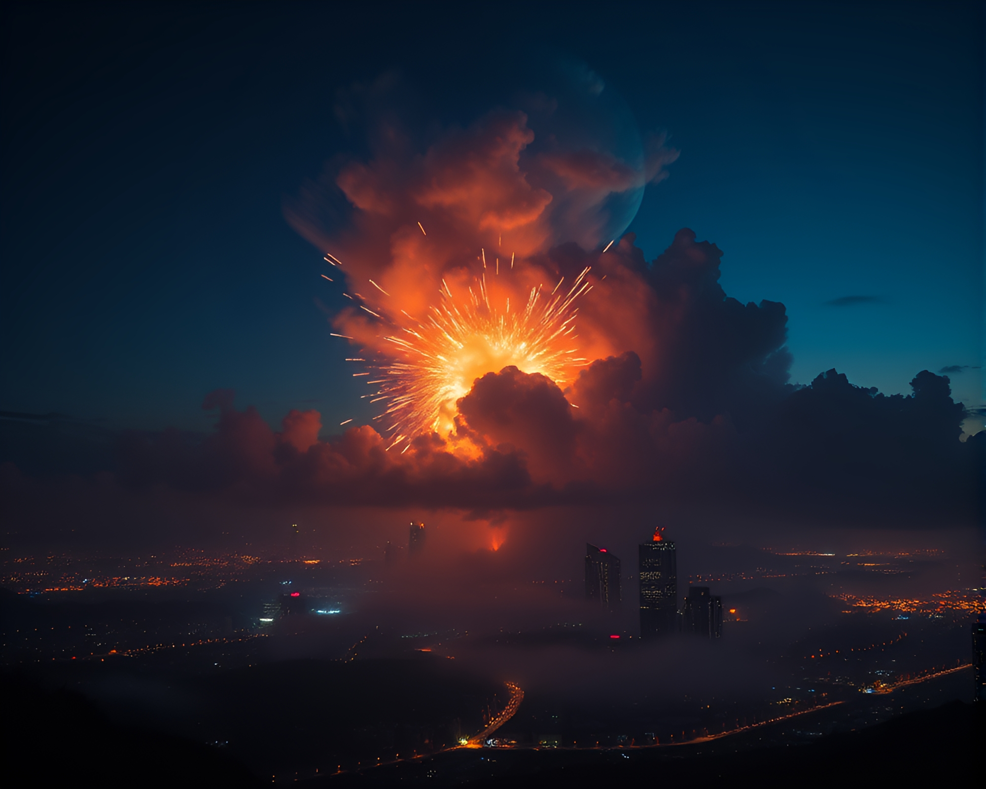 Dragonfly amidst city lights with explosion cloud behind – free AI stock image