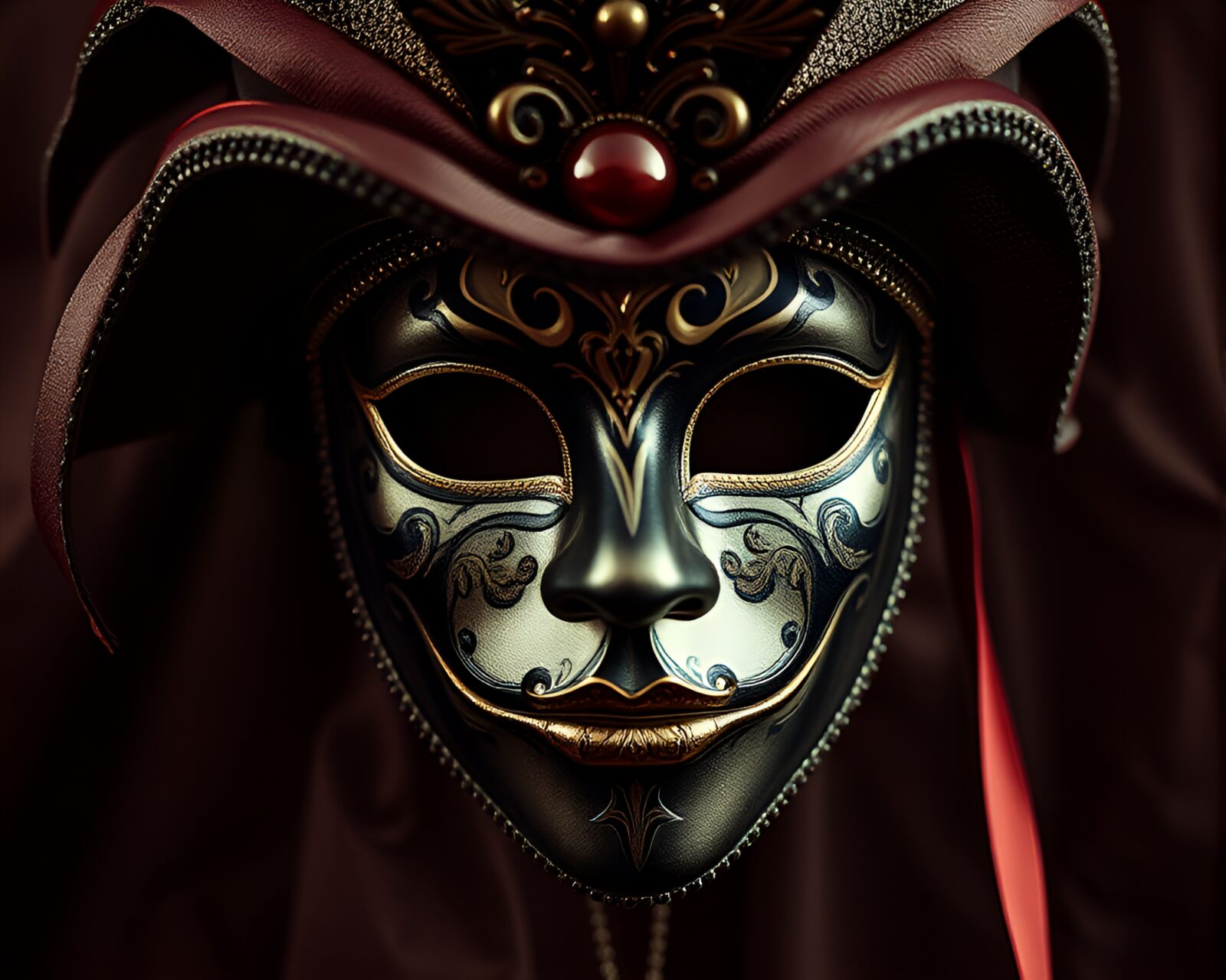Wide shot of intricate Venetian mask in film grain style