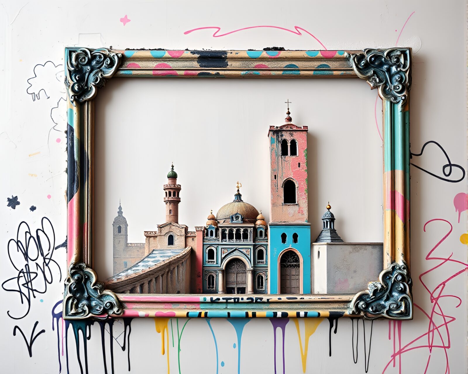 A surreal interior with pastel graffiti forming a frame within a frame illusion