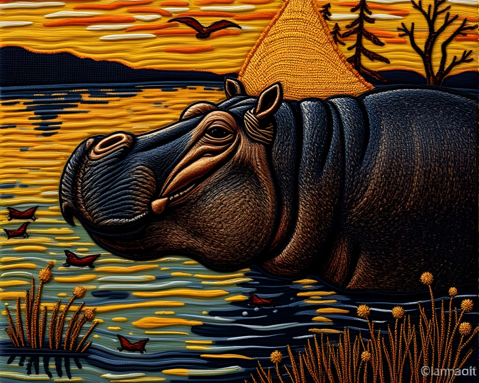 Impressionistic stitched hippo in shimmering dusk light