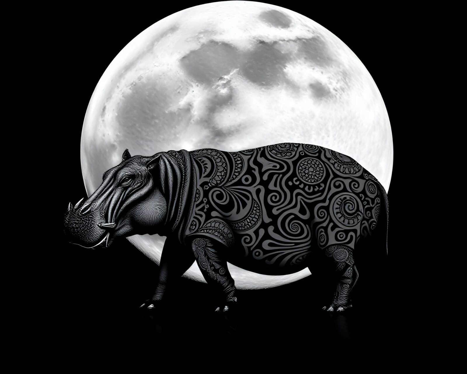 Hippopotamus surrounded by complex lunar-themed patterns in grayscale hues