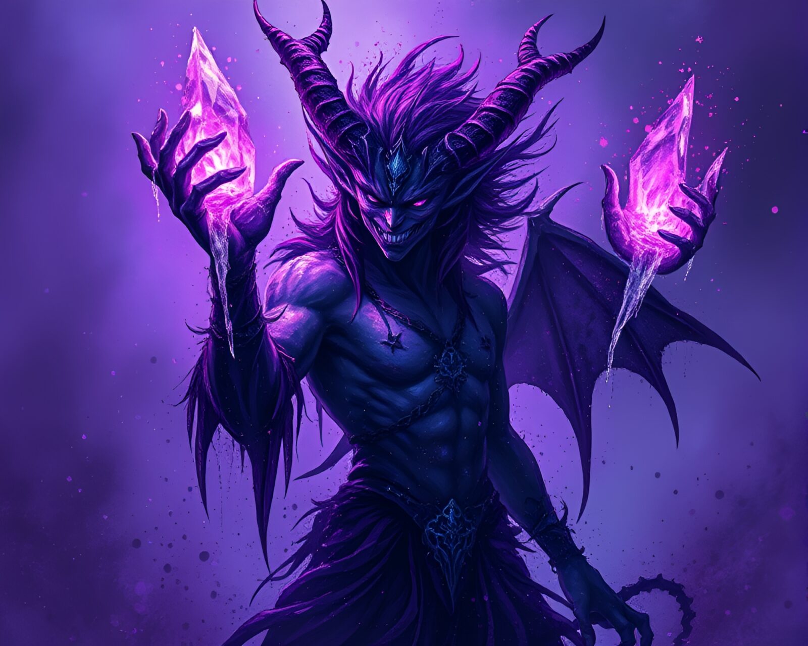 Majestic Djinn in purple twilight amid ice crystals splatter art