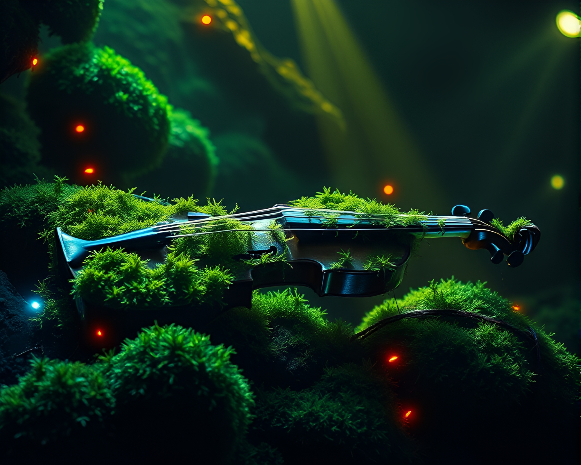Ethereal Moss-Covered Violin in Club Strobe Lights – free AI stock image