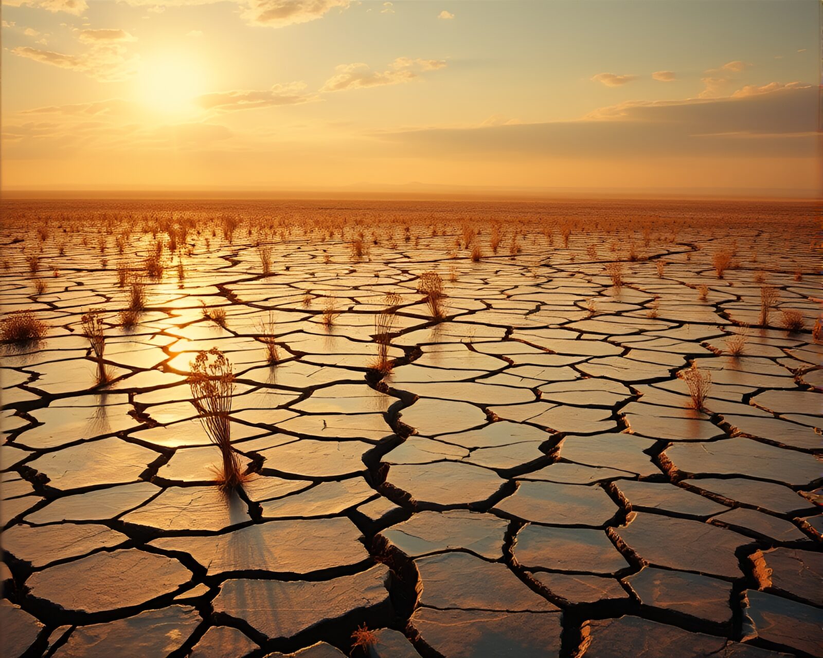 Colorful field painting of cracked earth maze with morning light