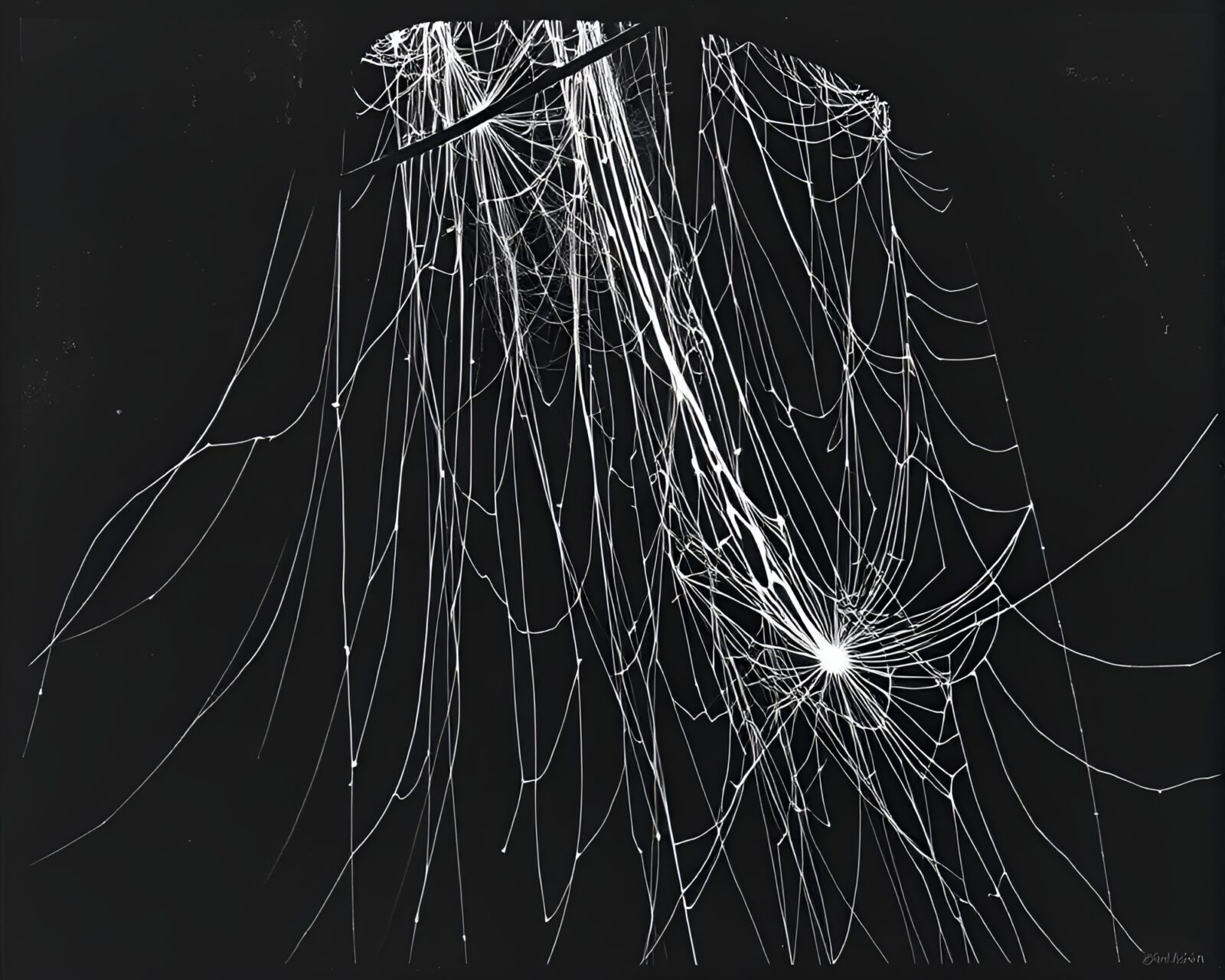 Dramatic chiaroscuro woodcut print of a drummer surrounded by cobweb strands