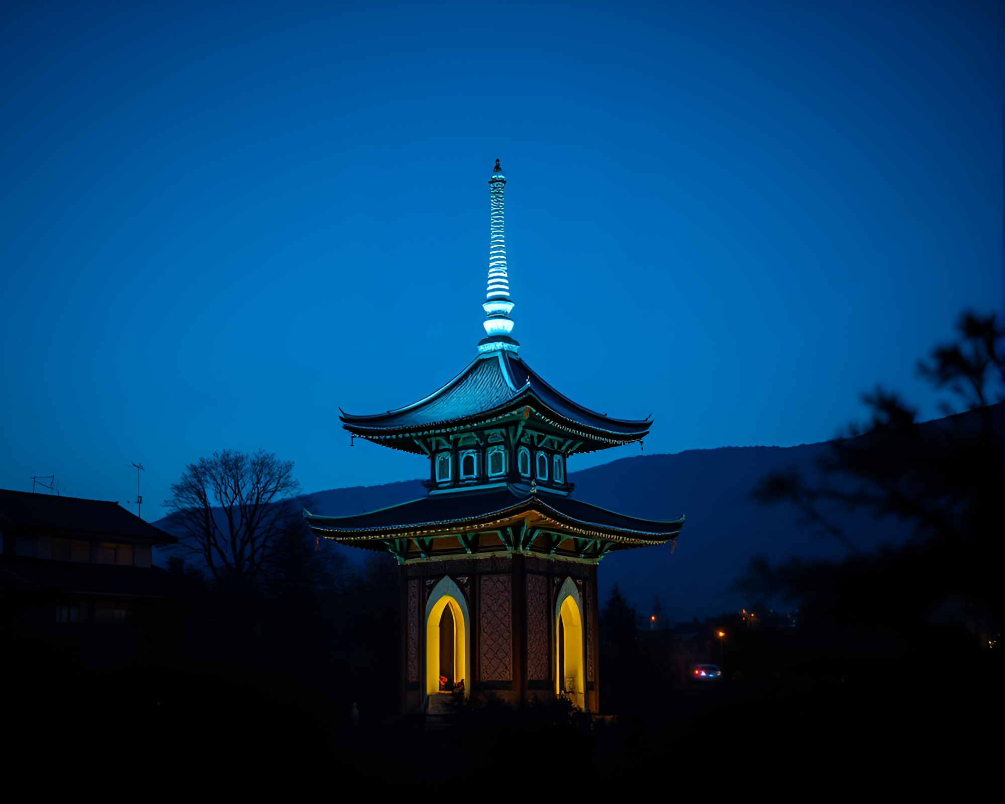 Mystical Pagoda at Blue Hour with Chromatic Aberration – free AI stock image