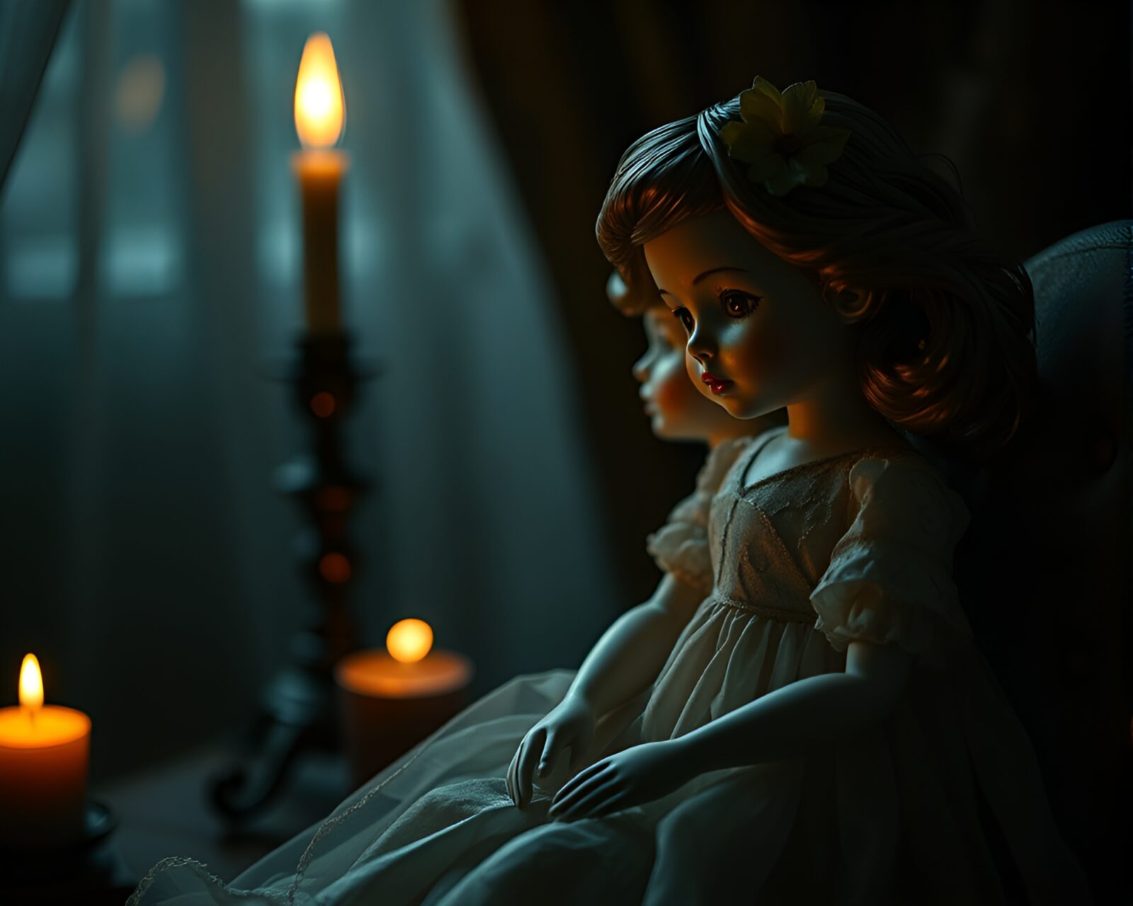 Delicate doll surrounded by leaf veins in candlelight